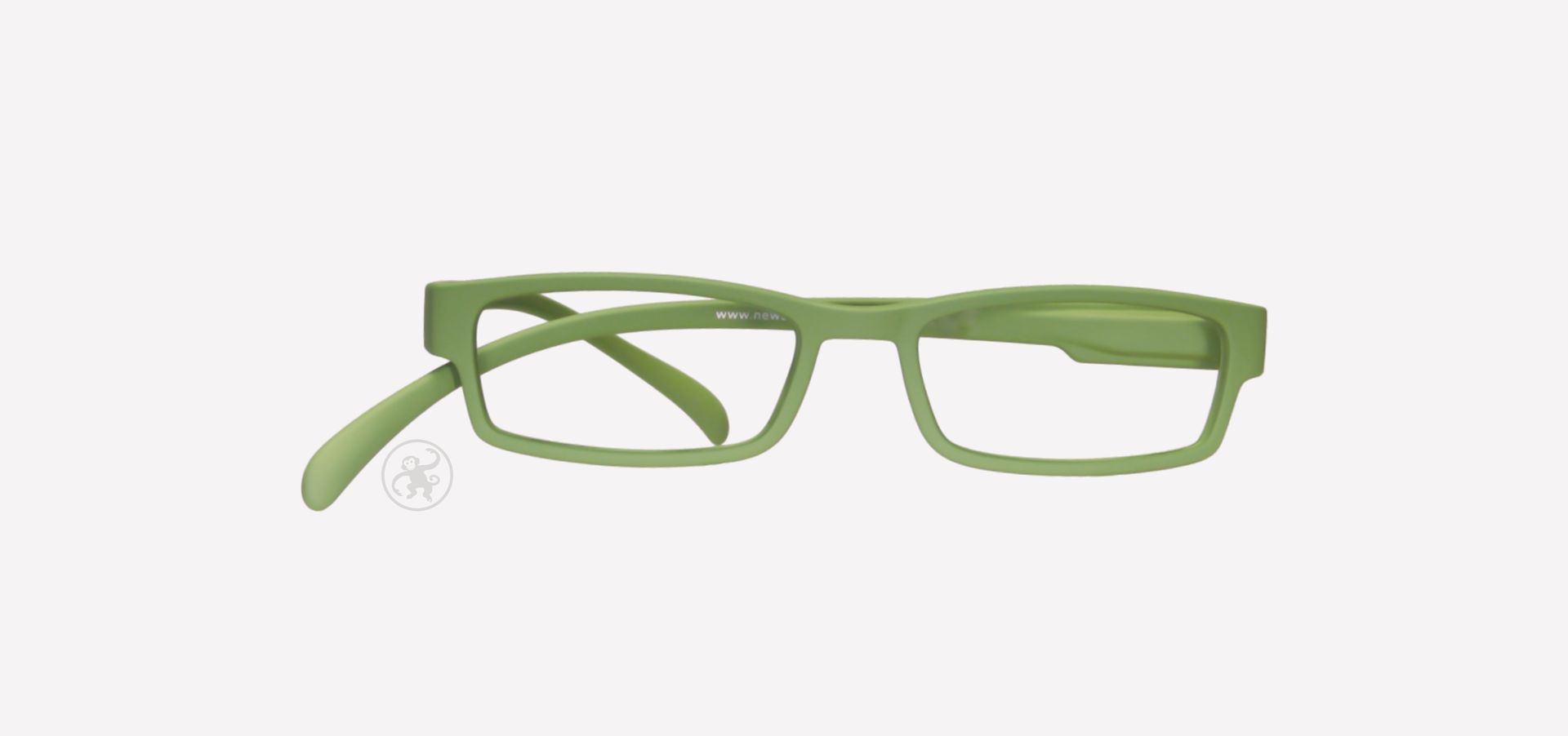 Grüne Lesebrille von vorne auf hellem Hintergrund.