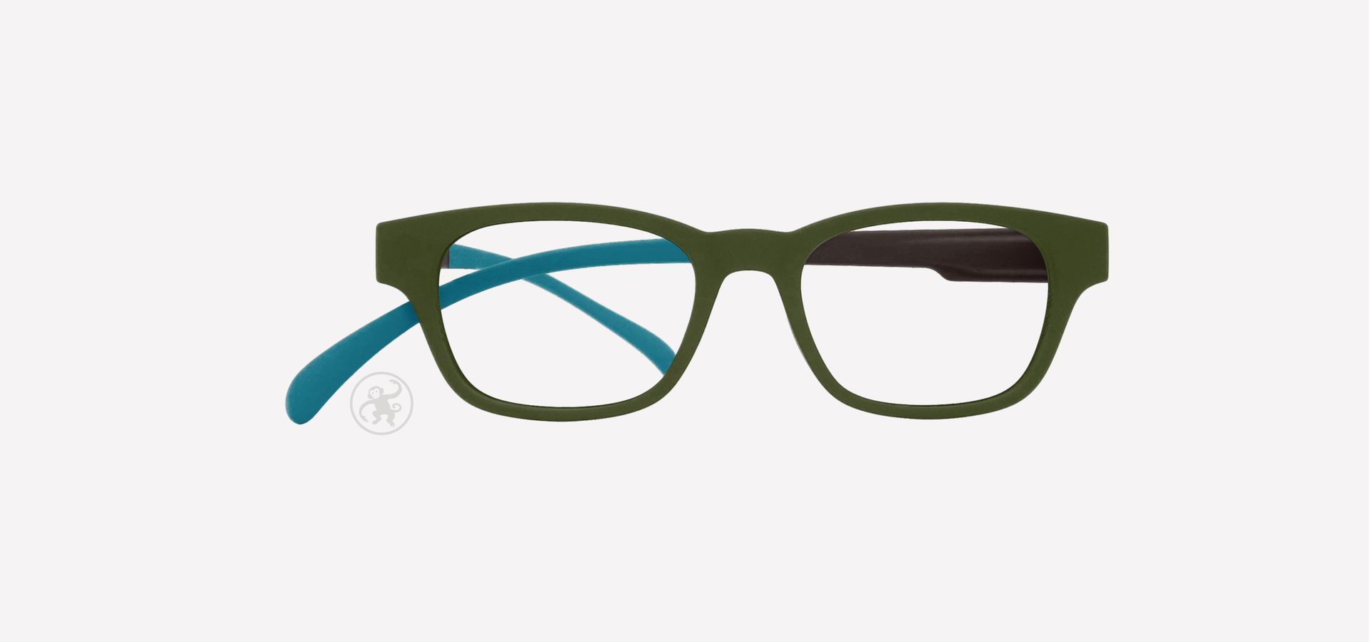 Olive-braun-ozean farbene Lesebrille von vorne auf hellem Hintergrund