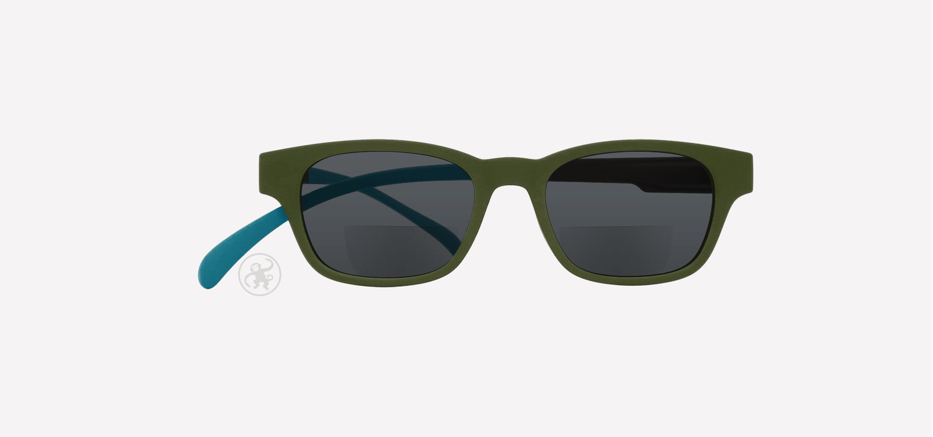 Olive-braun-ozean farbene Bifokal-Lesesonnenbrille von vorne auf hellem Hintergrund