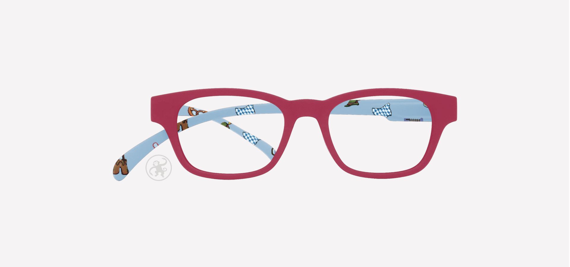 Lesebrille mit Beeren farbener Front und blauen Bügeln in Wiesn Optik von vorne auf hellem Hintergrund