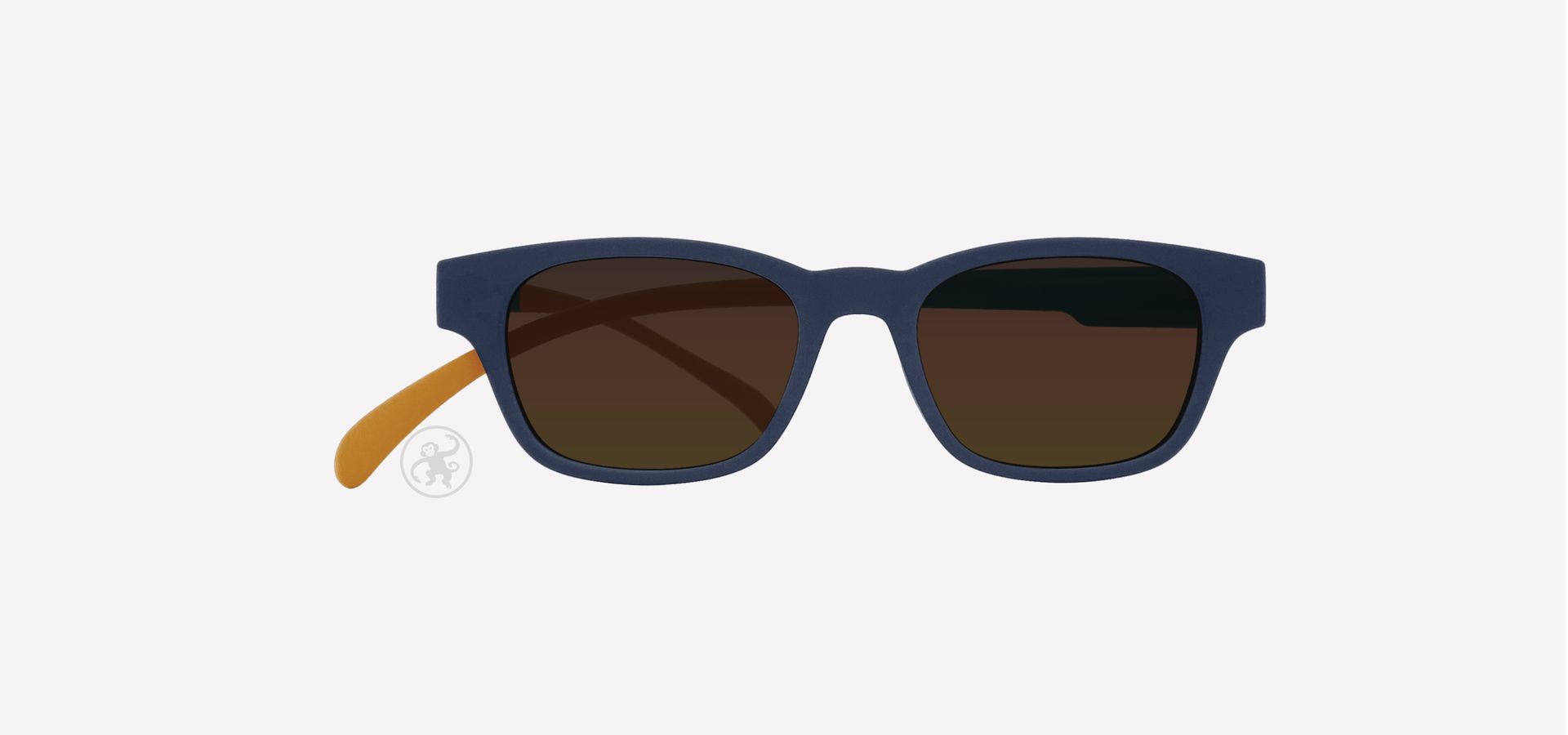 Dunkelblau-ozean-curry farbene Lesesonnenbrille von vorne auf hellem Hintergrund