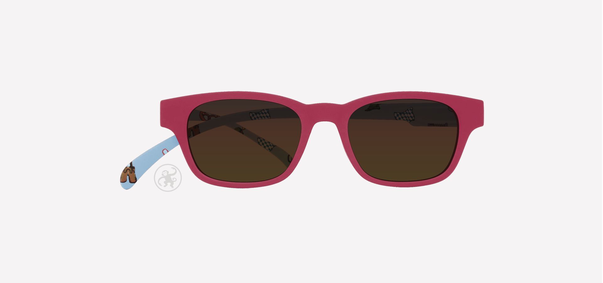 Lesesonnenbrille mit Beeren farbener Front und blauen Bügeln in Wiesn Optik von vorne auf hellem Hintergrund