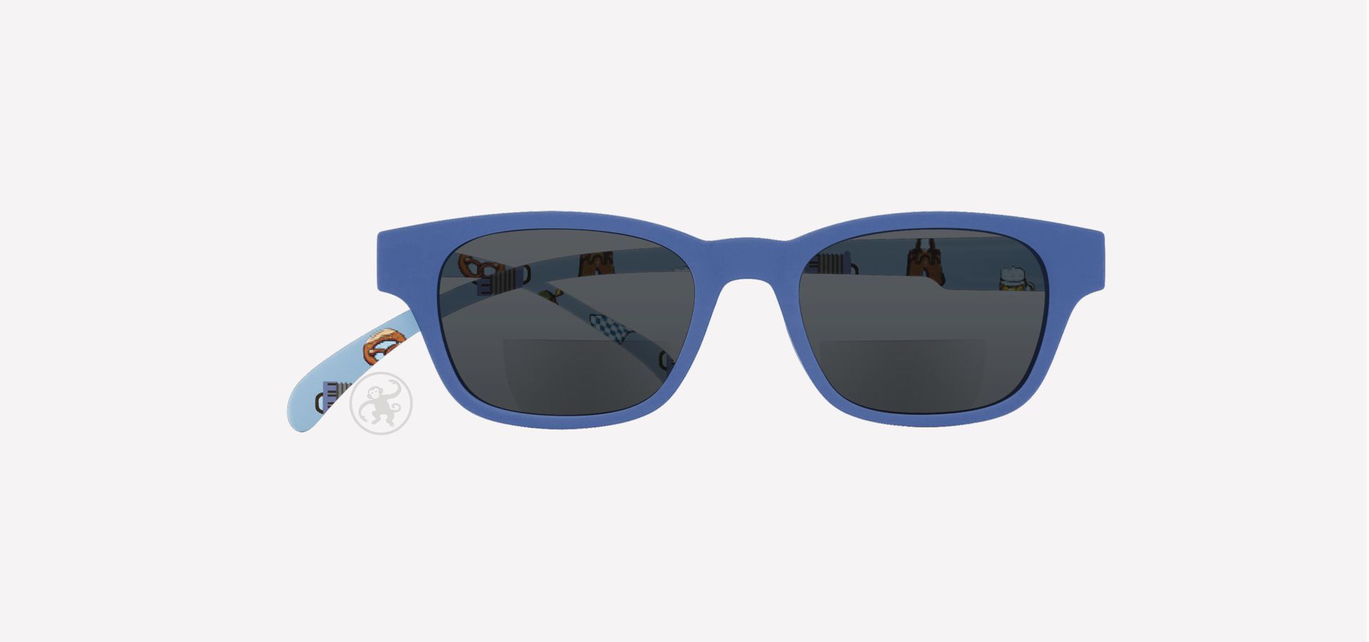 Bifokal-Lesesonnenbrille mit blauer Front und blauen Bügeln in Wiesn Optik von vorne auf hellem Hintergrund