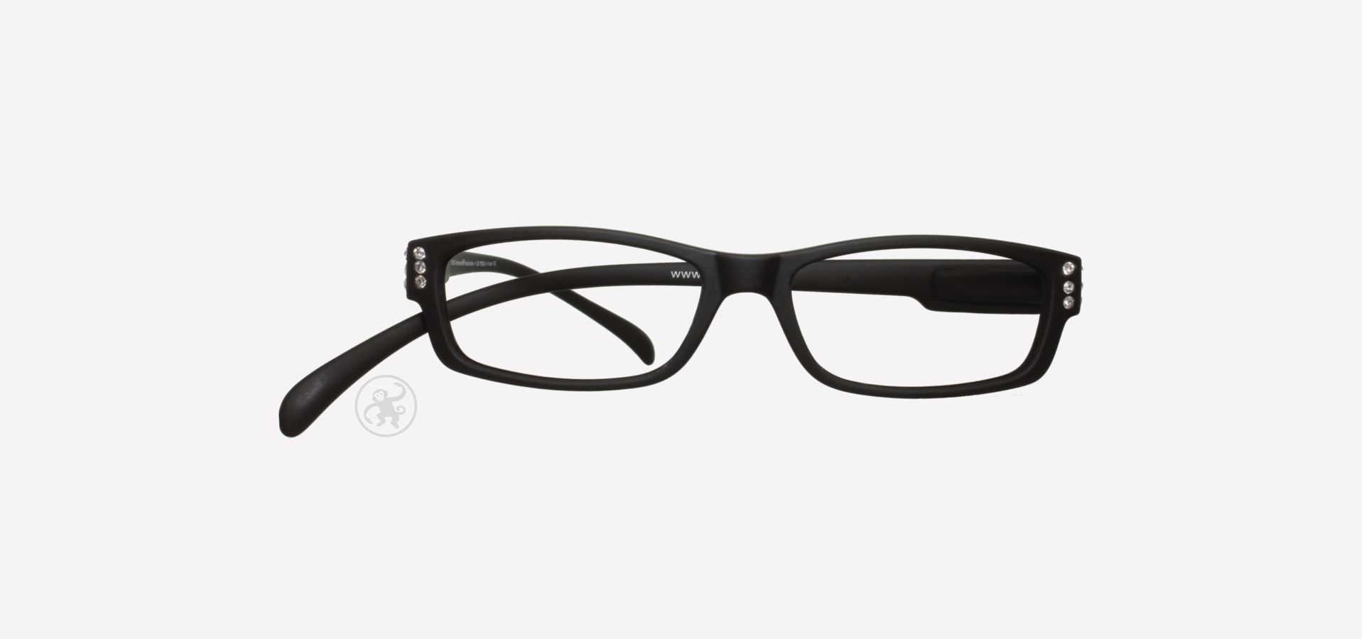 Eine schwarze Brille mit Glitzersteinen an den Seiten auf weißem Hintergrund.