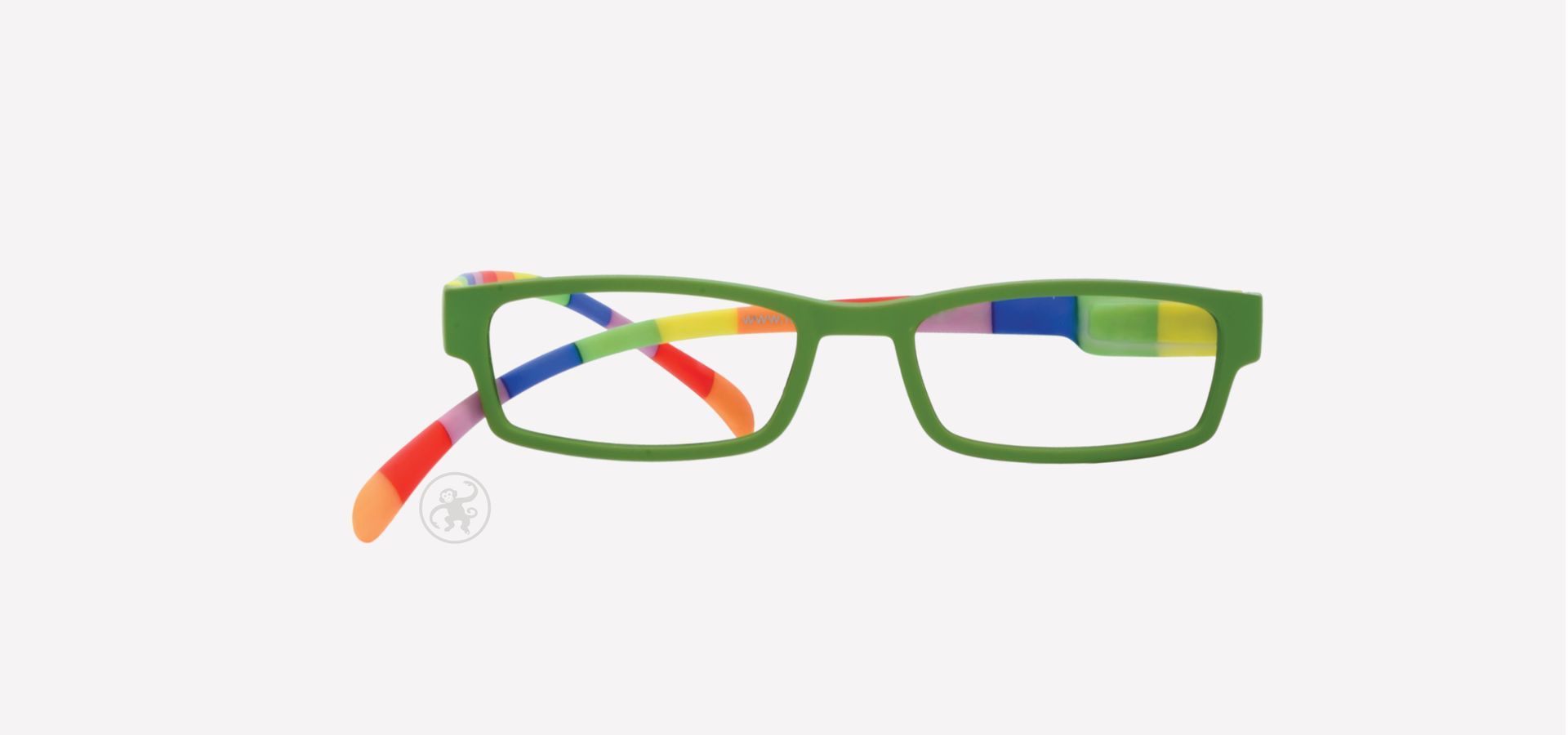 Lesebrille mit grüner Front und bunt gestreiften Bügeln von vorne auf hellem Hintergrund
