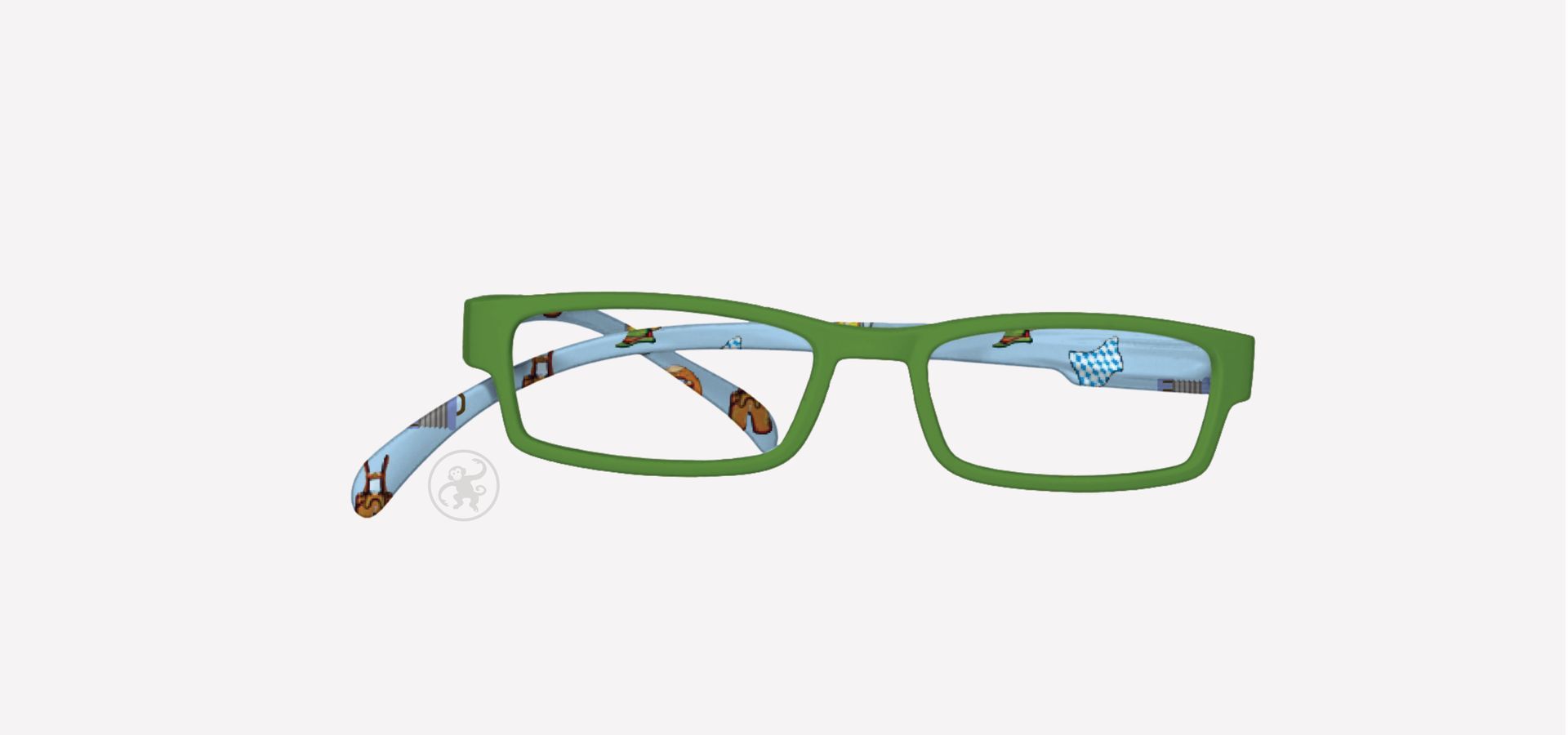 Lesebrille mit grüner Front und blauen Bügeln mit Wiesn Muster von vorne auf hellem Hintergrund