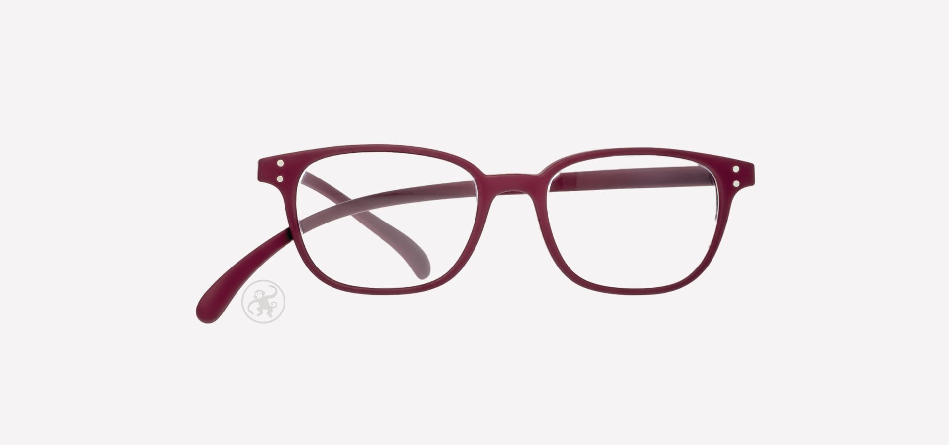 Burgundy farbene Lesebrille von vorne auf hellem Hintergrund