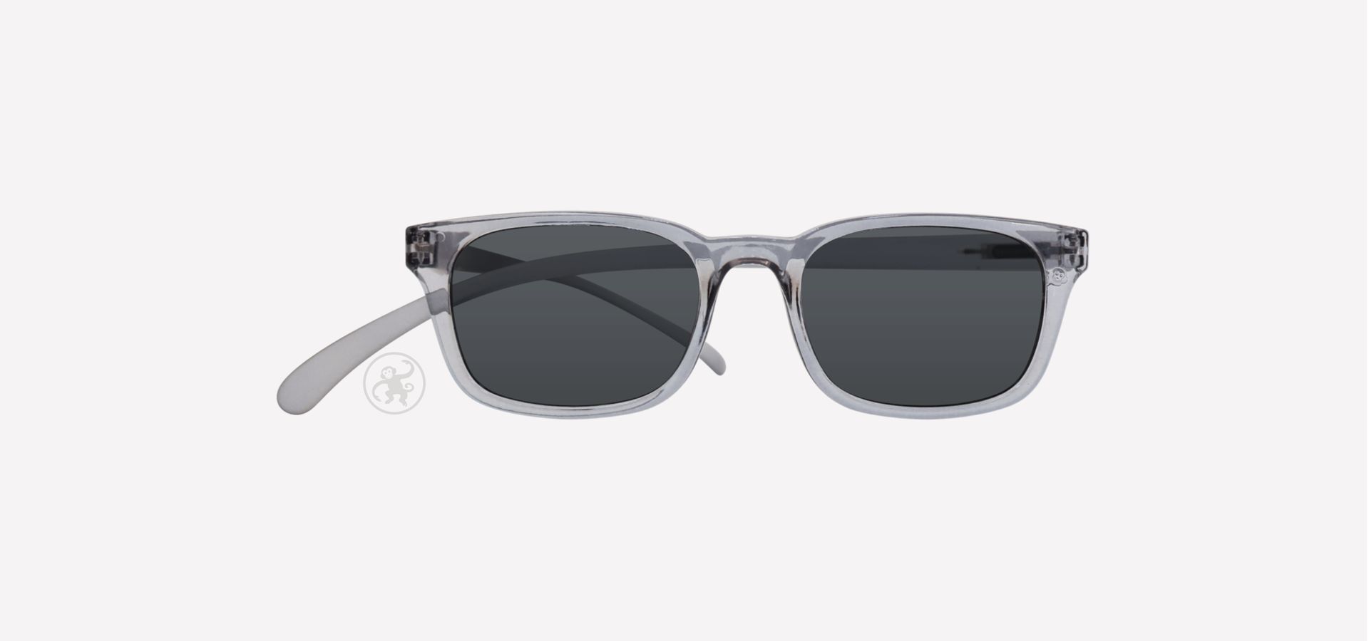 Grau transparente Brille auf weißem Hintergrund.