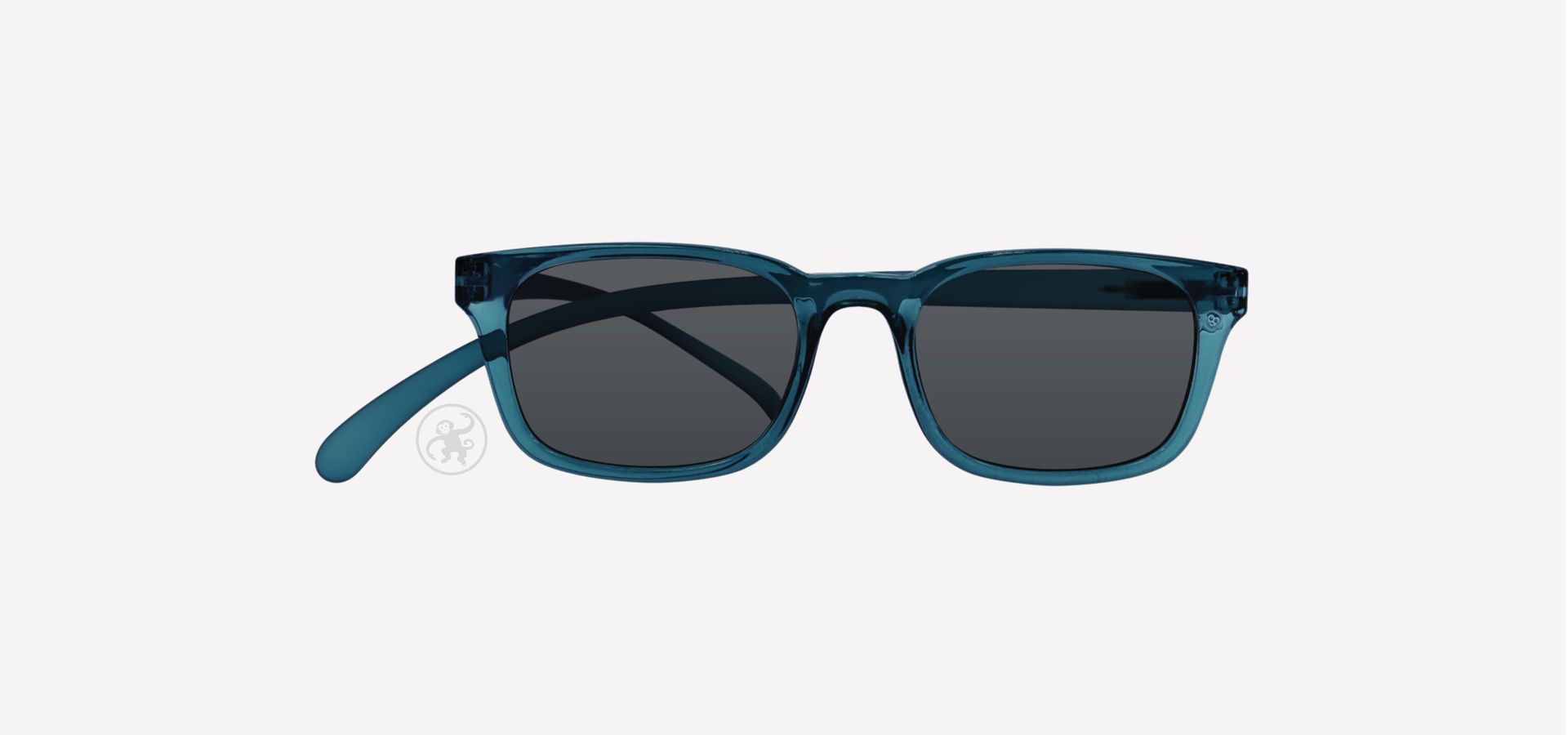 Transparent blaue Lesesonnenbrille von vorne auf hellem Hintergrund