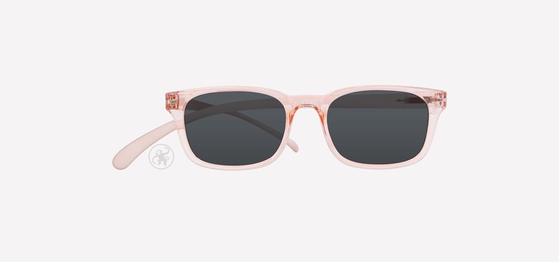 Transparent rosé farbene Lesesonnenbrille von vorne auf hellem Hintergrund