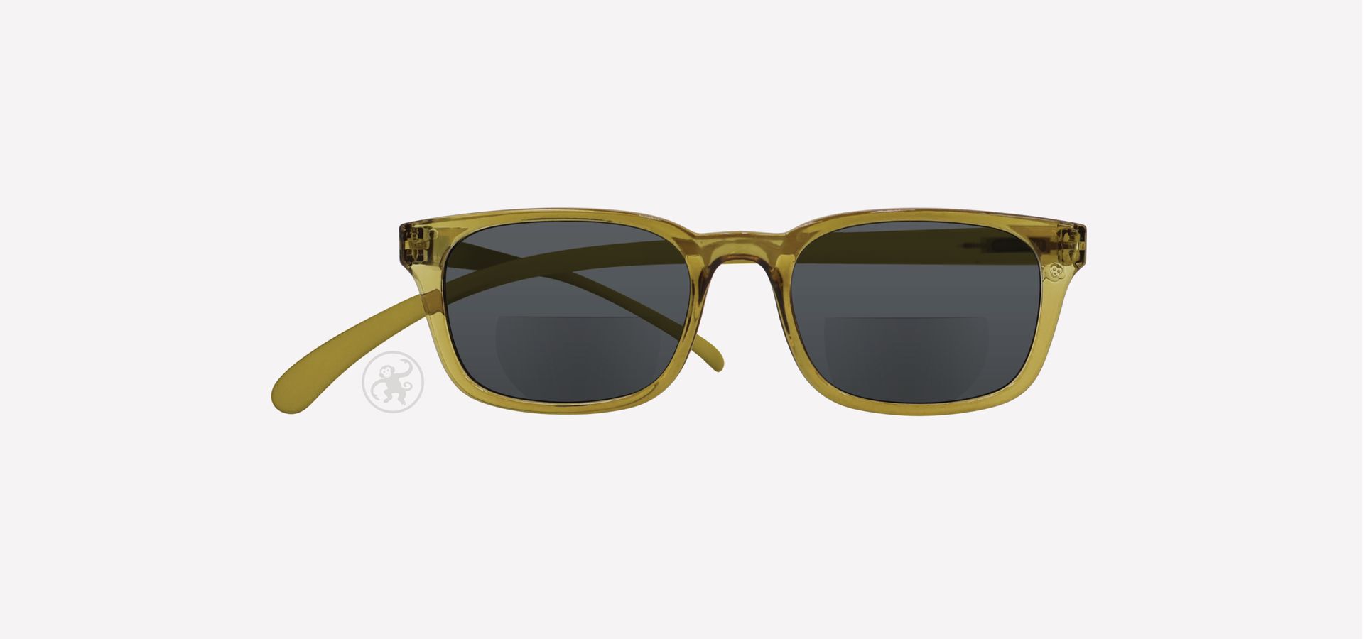 Transparent gold grüne Bifokal-Lesesonnenbrille von vorne auf hellem Hintergrund