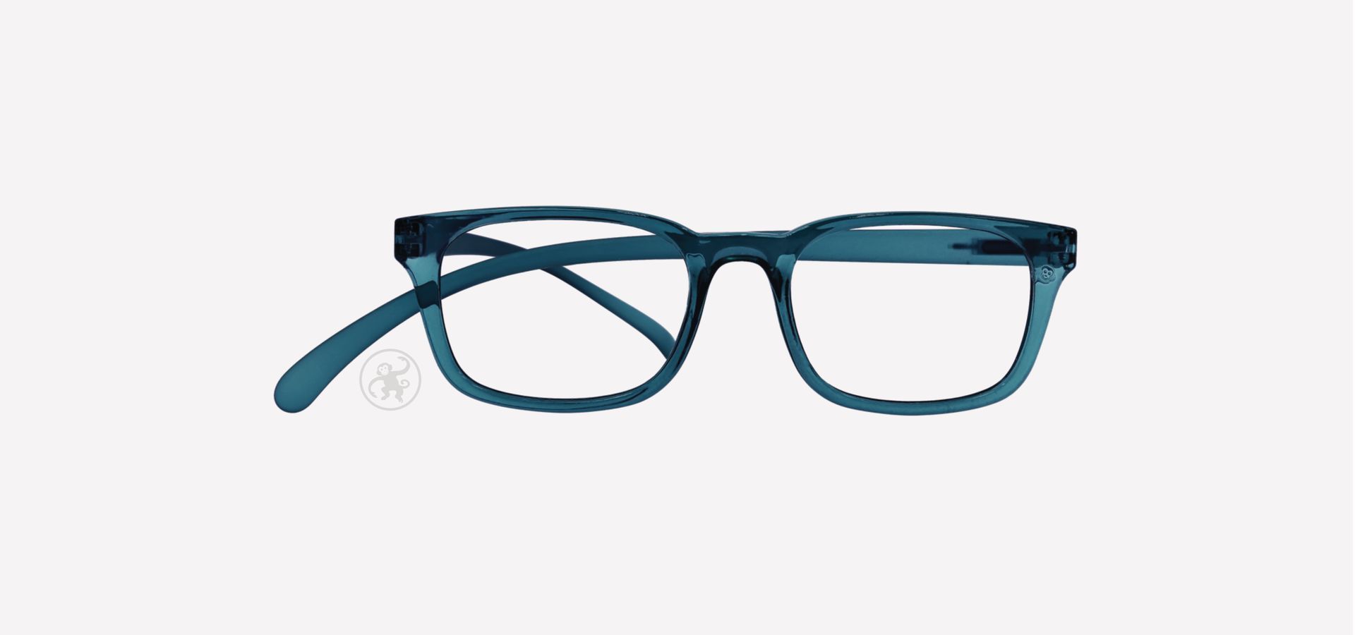 Transparent blaue Lesebrille von vorne auf hellem Hintergrund