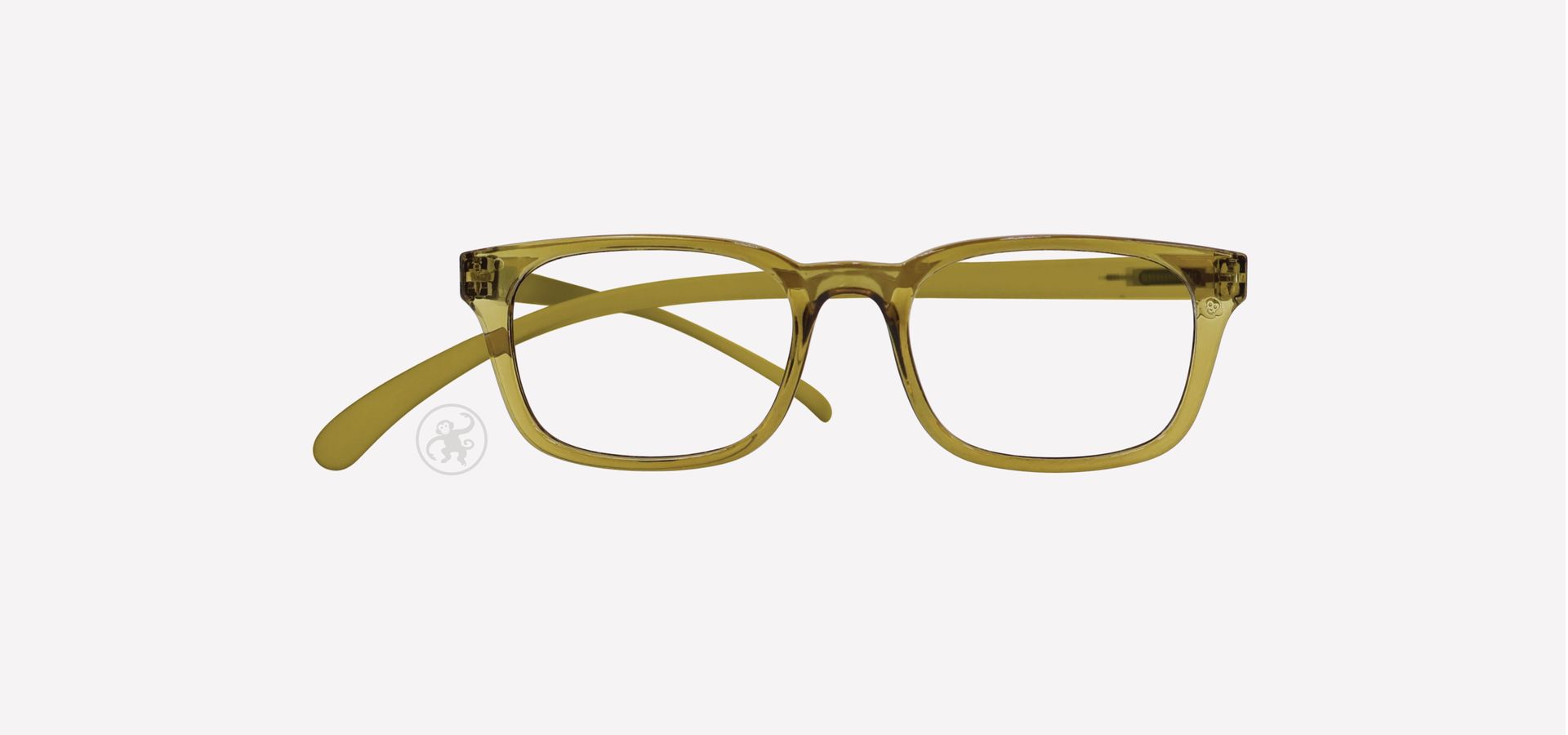 Transparent gold grüne Lesebrille von vorne auf hellem Hintergrund