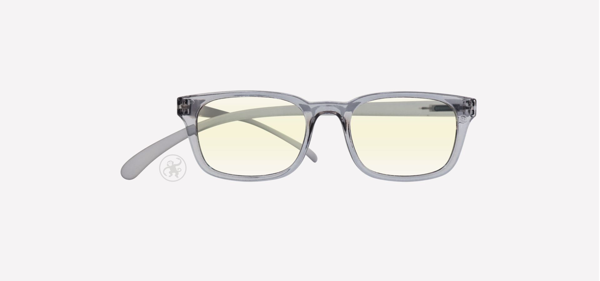 Grau transparente Brille auf weißem Hintergrund.