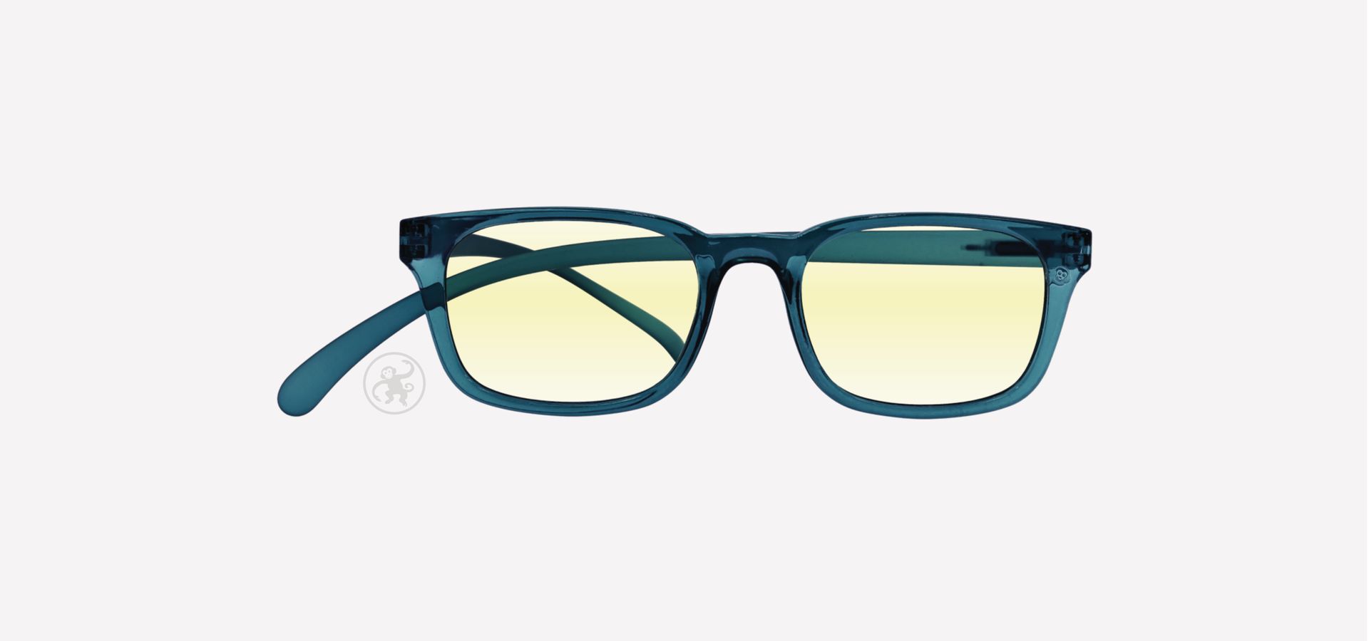Transparent blaue Lesebrille mit Anti Blaulicht Gläsern von vorne auf hellem Hintergrund