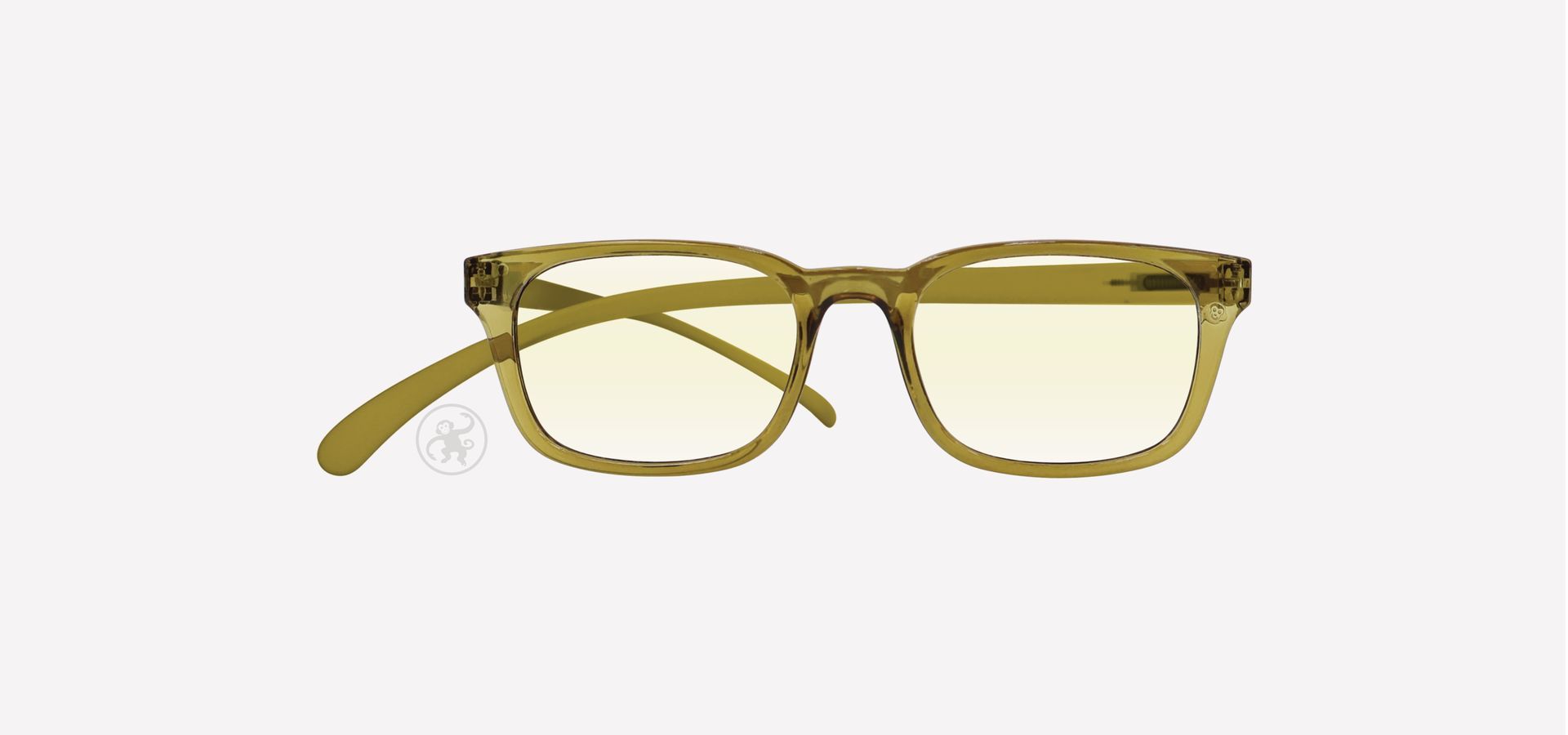 Transparent gold grüne Lesebrille mit Anti Blaulicht Gläsern von vorne auf hellem Hintergrund