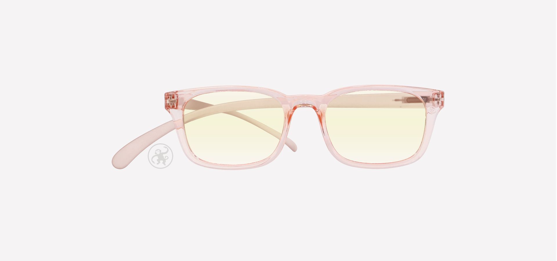 Transparent rosé farbene Lesebrille mit Anti Blaulicht Gläsern von vorne auf hellem Hintergrund