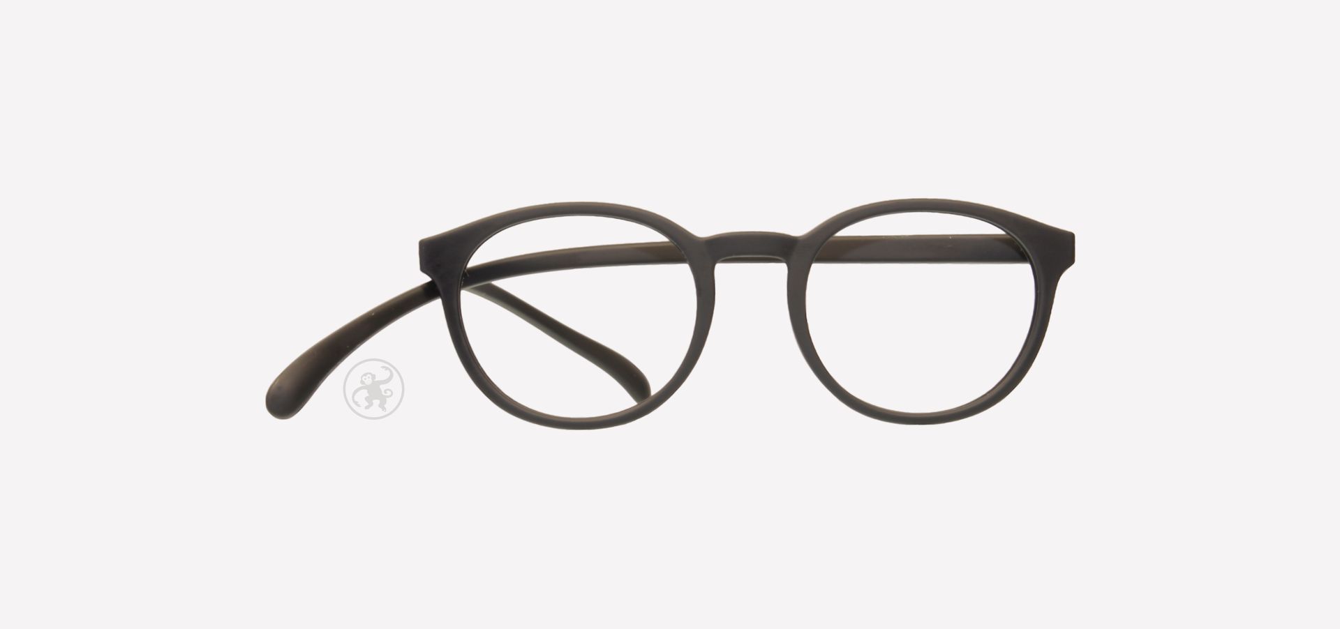 Eine schwarze Brille auf weißem Hintergrund.