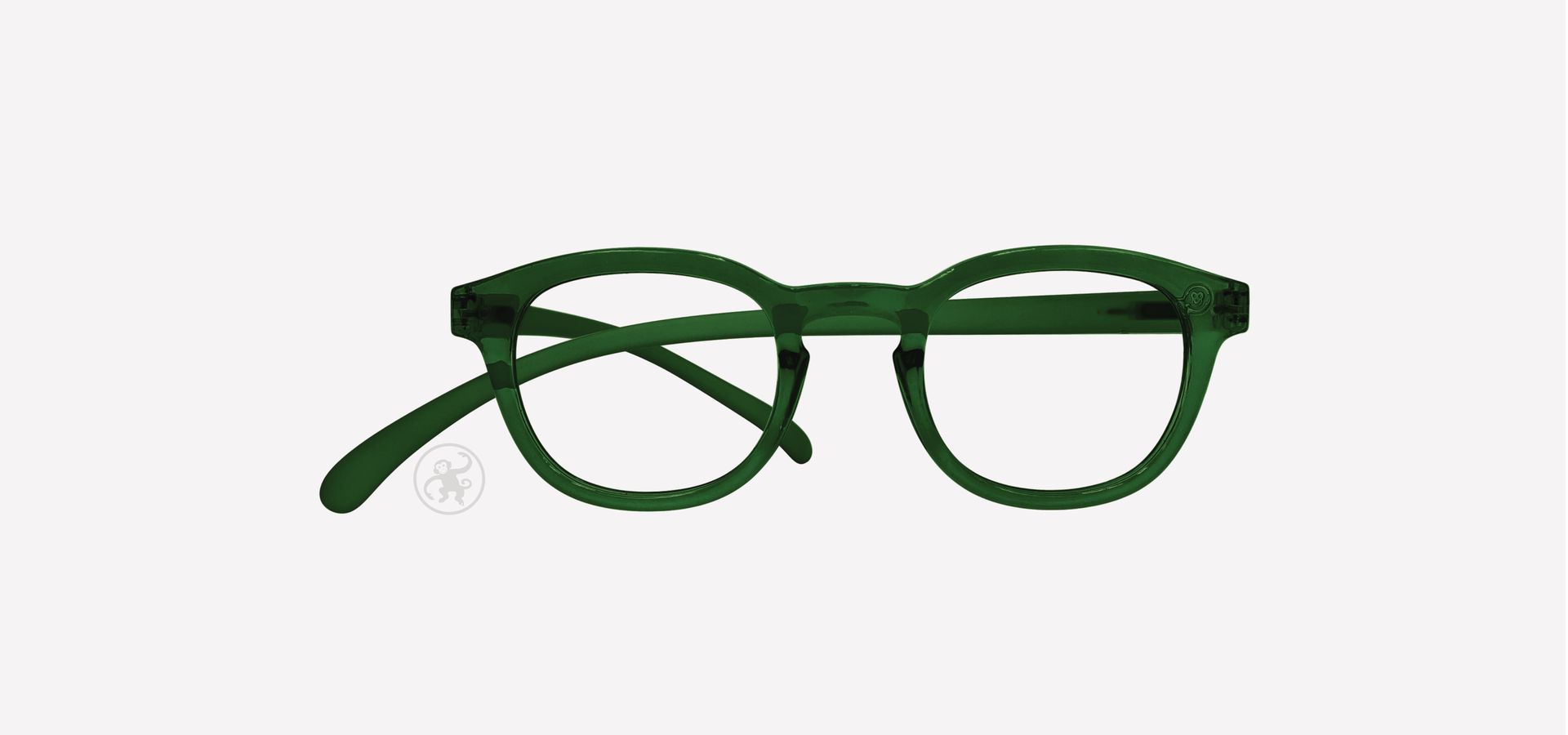 Dunkelgrün farbene Lesebrille von vorne auf hellem Hintergrund