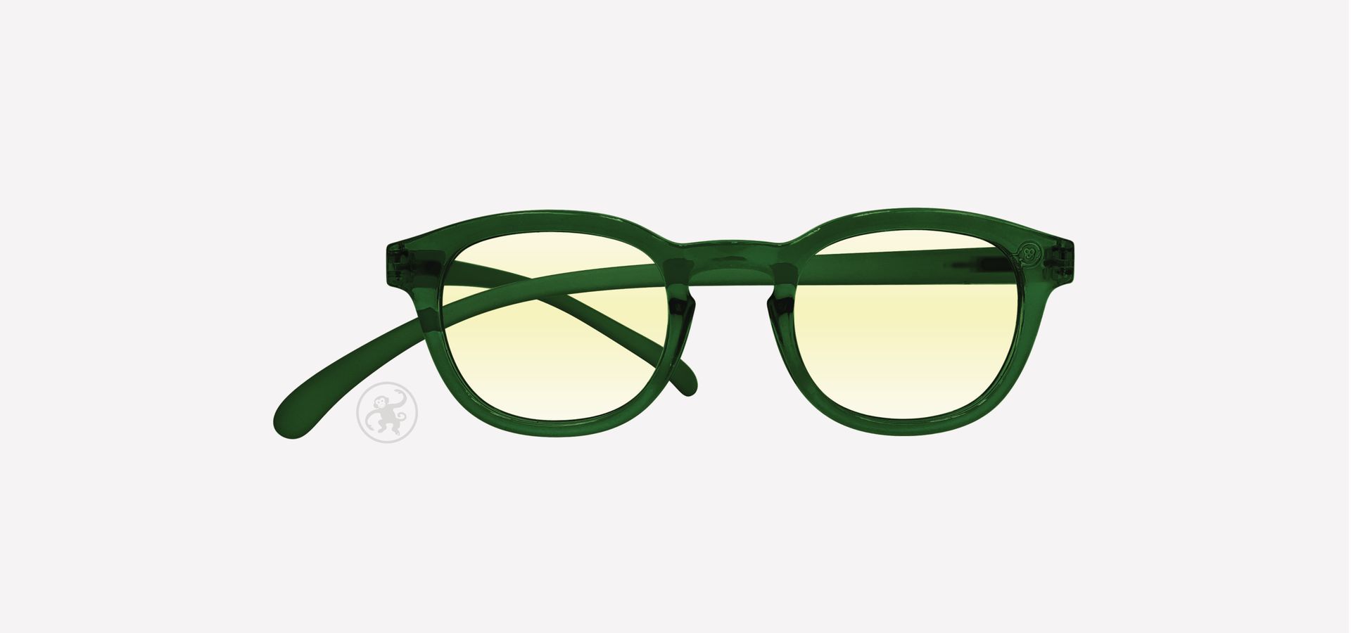 Dunkelgrün farbene Lesebrille mit Blaufilter von vorne auf hellem Hintergrund