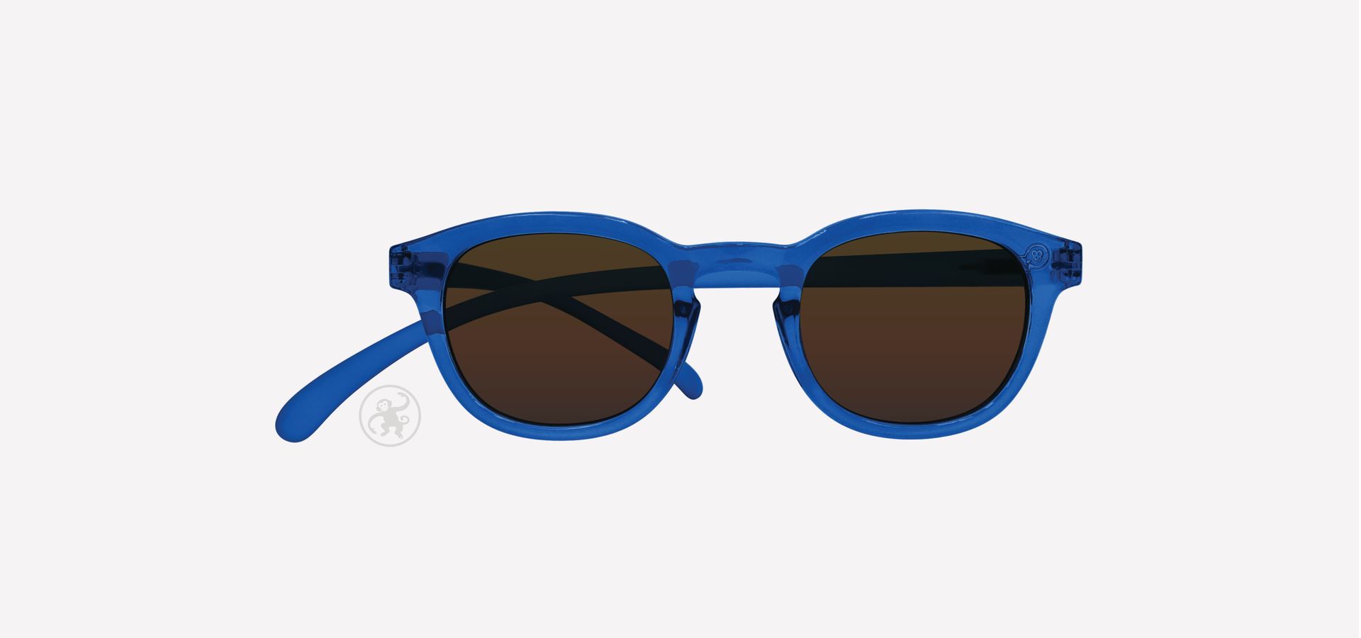 Blau farbene Lesesonnenbrille von vorne auf hellem Hintergrund