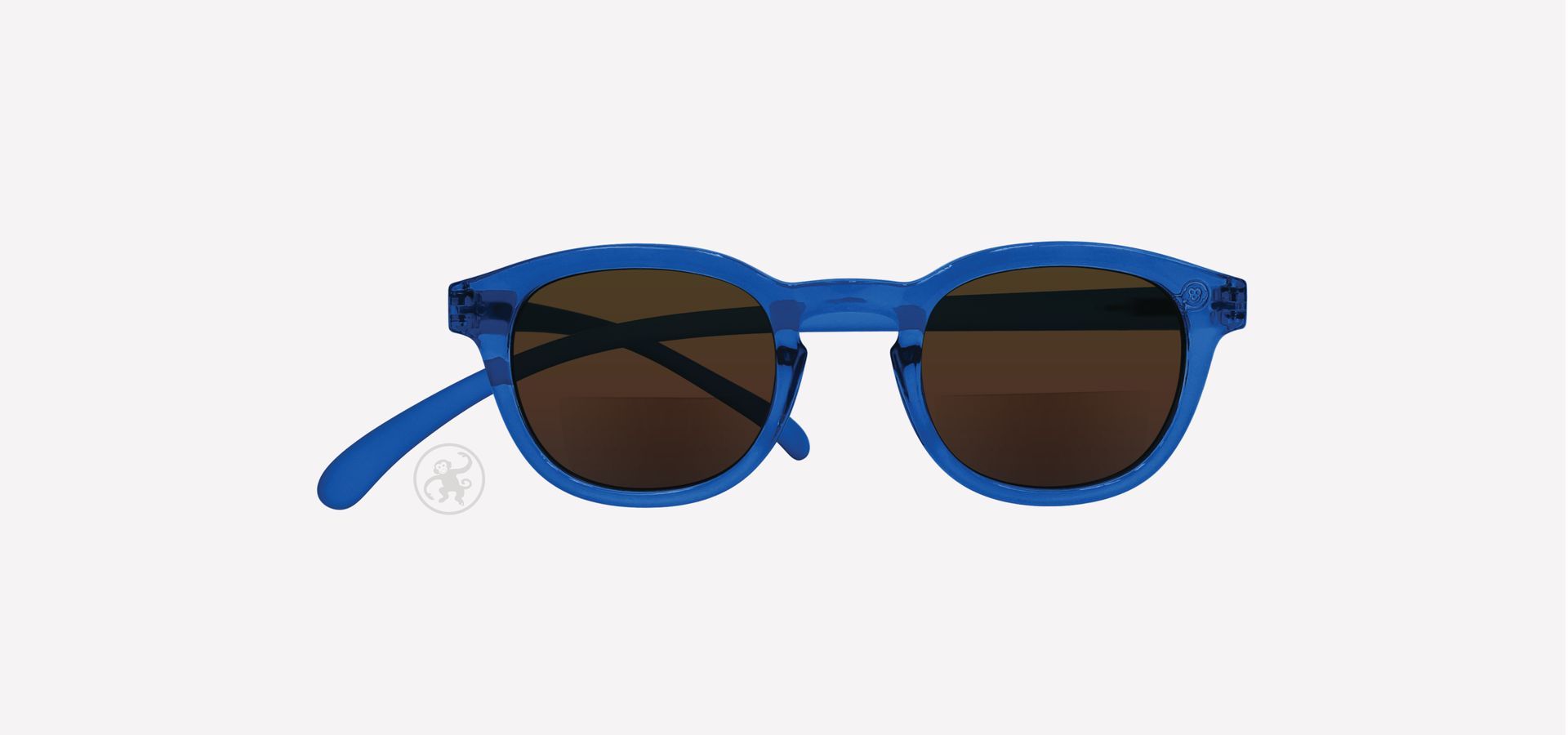 Blau farbene Bifokal-Lesesonnenbrille von vorne auf hellem Hintergrund