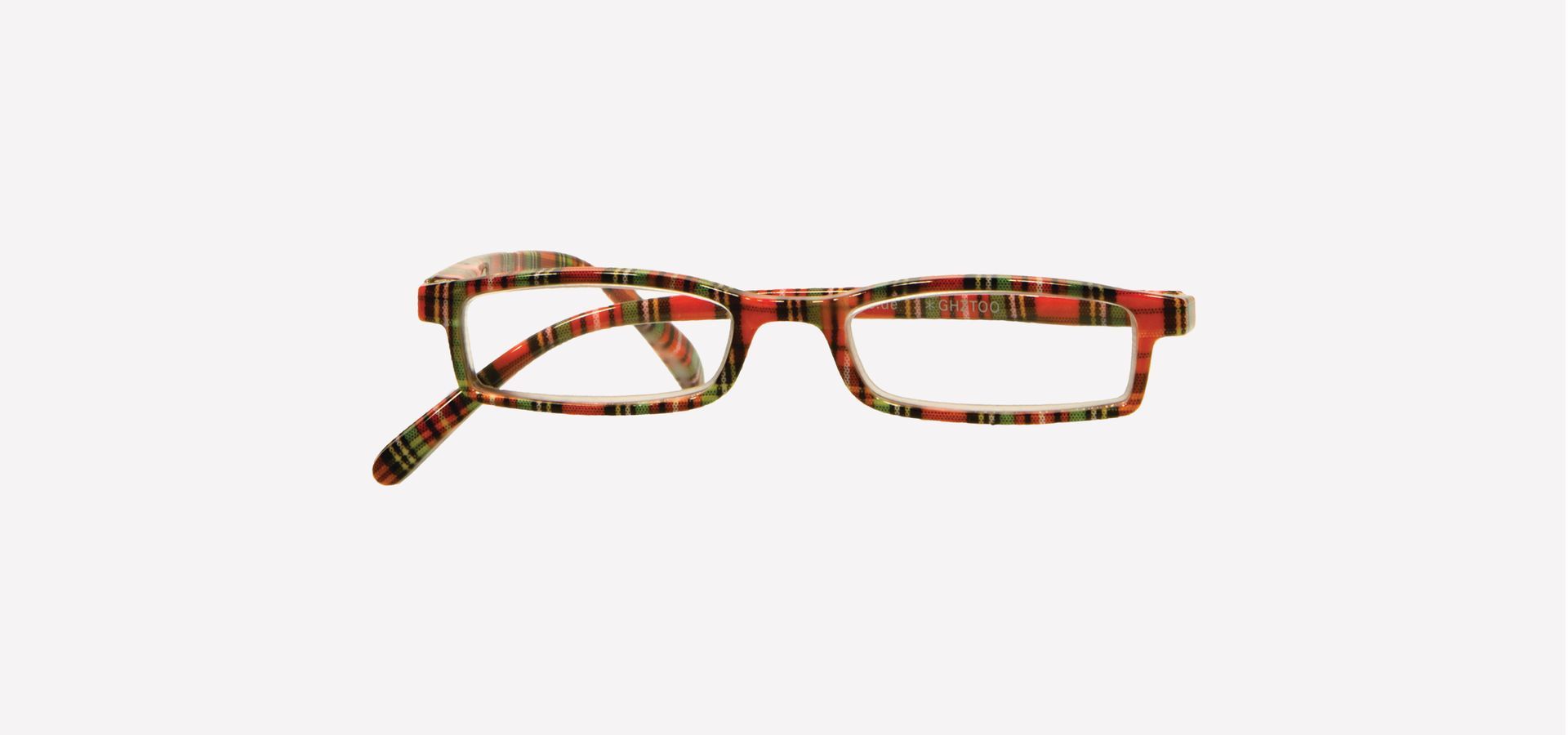 Eine Lesebrille mit rotem Karomuster auf weißem Hintergrund.