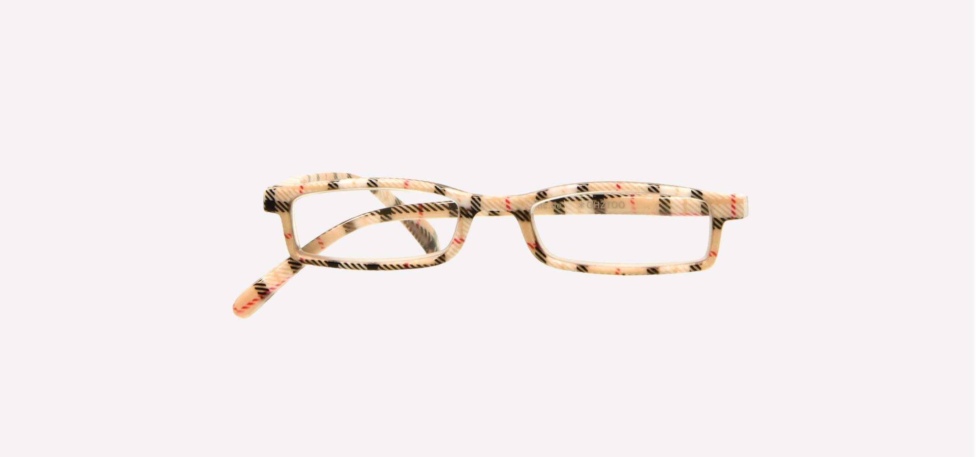 Eine Lesebrille mit beigem Karomuster auf weißem Hintergrund.