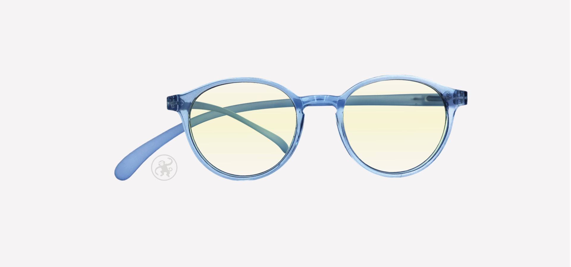 Blaue panto Lesebrille mit Blaufilter von vorne auf hellem Hintergrund.