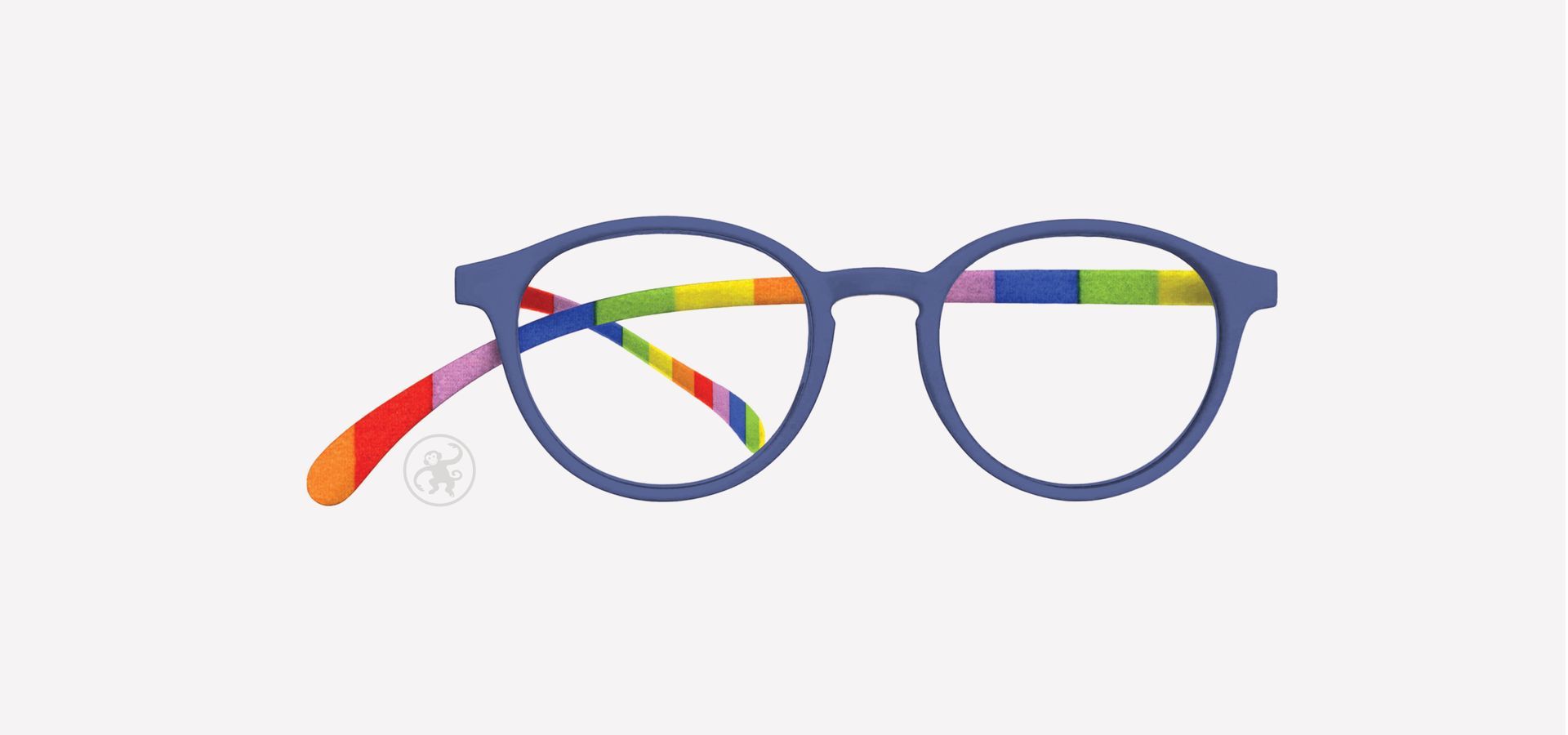 Blaue panto Lesebrille mit bunt gestreiften Bügeln von vorne auf hellem Hintergrund.
