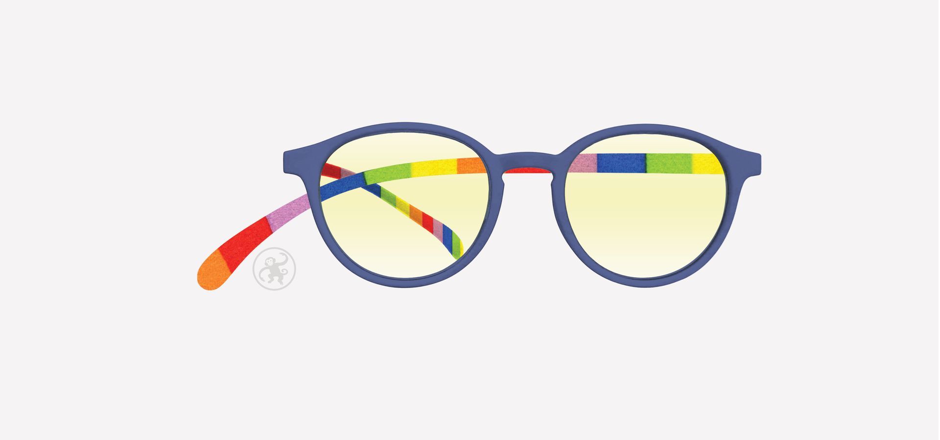 Blaue panto Lesebrille mit Blaufilter mit bunt gestreiften Bügeln von vorne auf hellem Hintergrund.