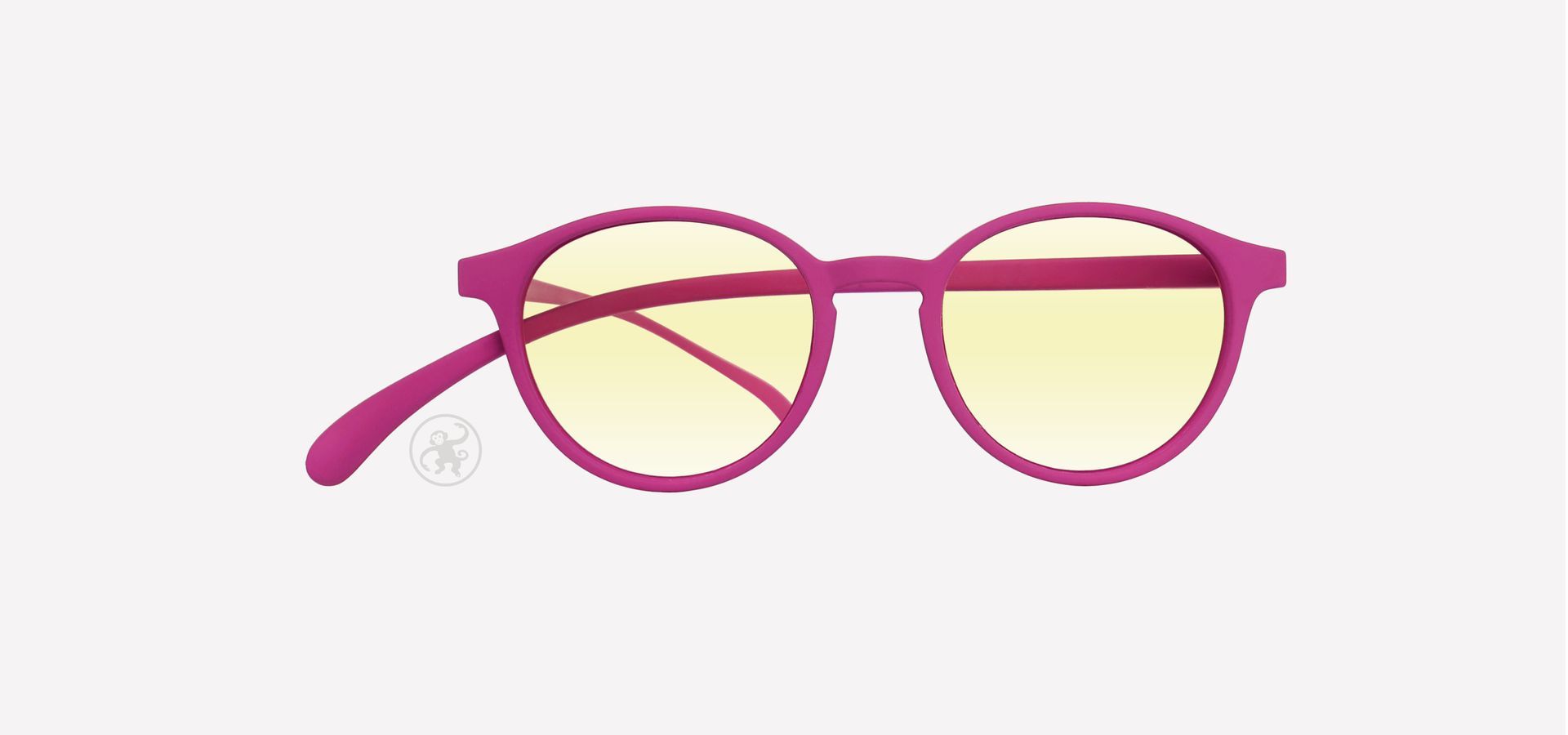 Pinke panto Lesebrille mit Blaufilter von vorne auf hellem Hintergrund.