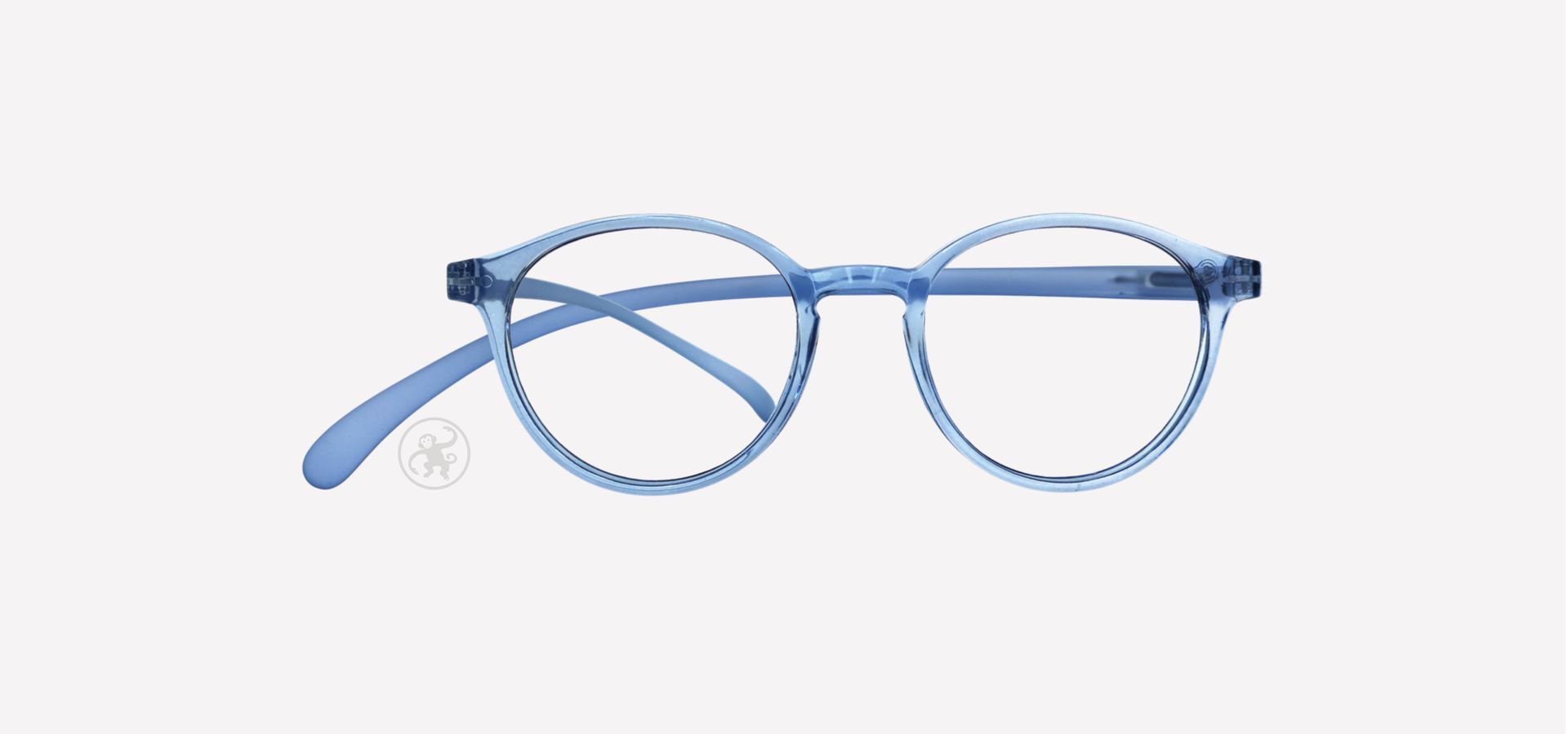 Blaue panto Lesebrille von vorne auf hellem Hintergrund.