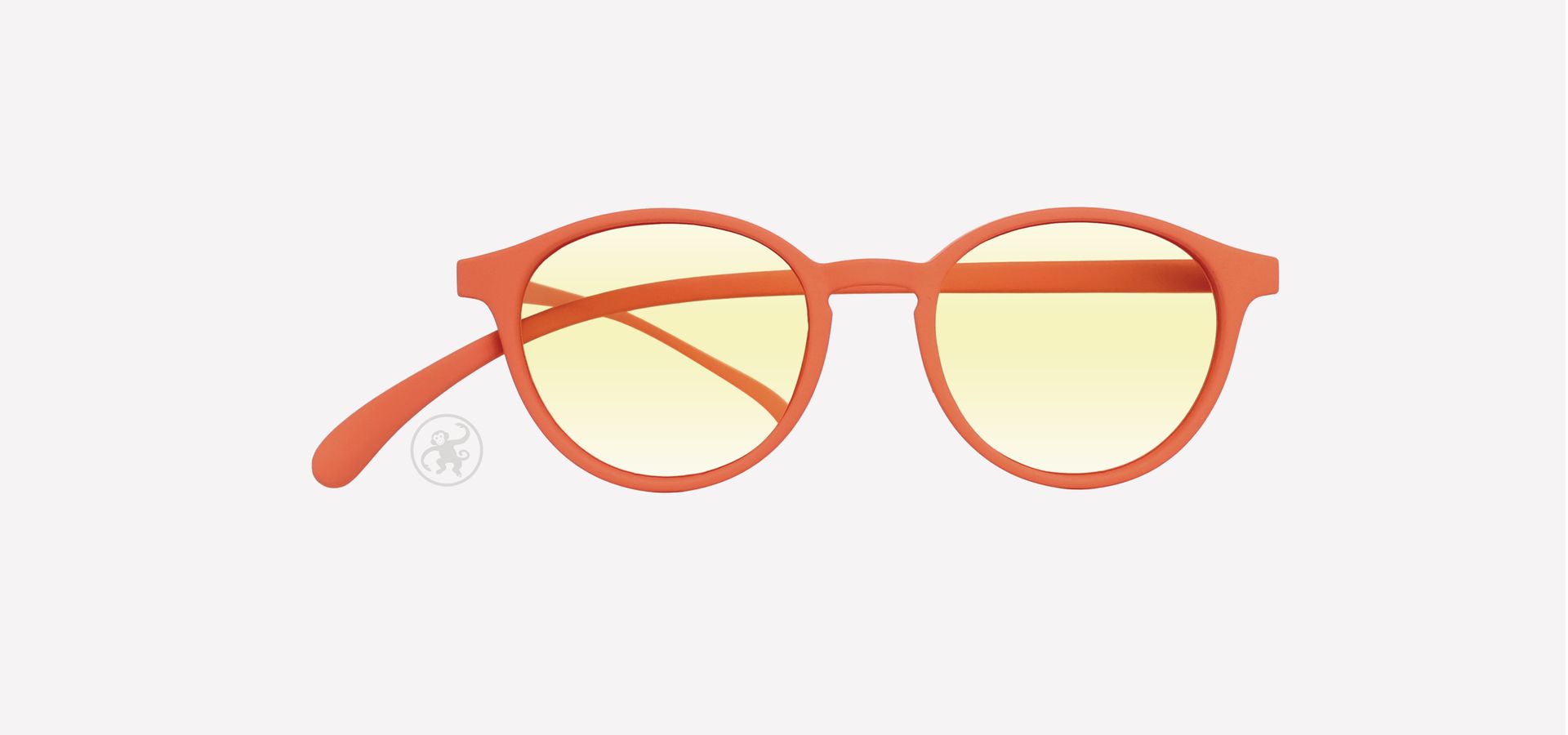 Lachs farbene panto Lesebrille mit Blaufilter von vorne auf hellem Hintergrund.