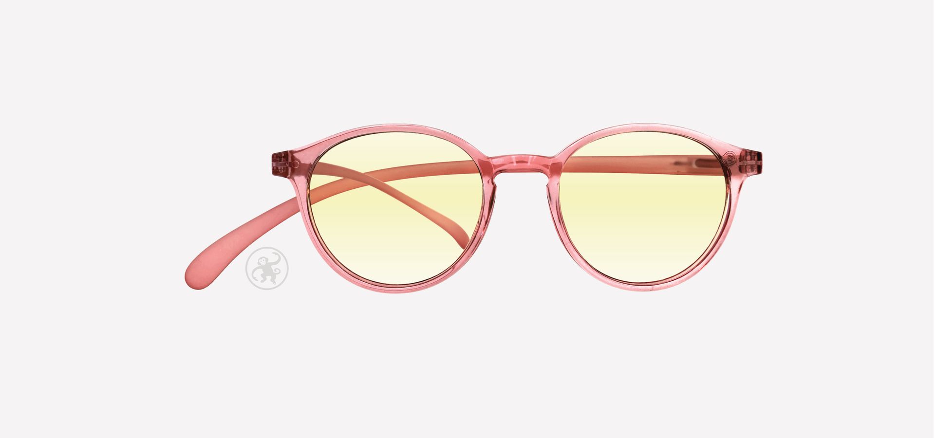 Pfirsich farbene panto Lesebrille mit Blaufilter von vorne auf hellem Hintergrund.