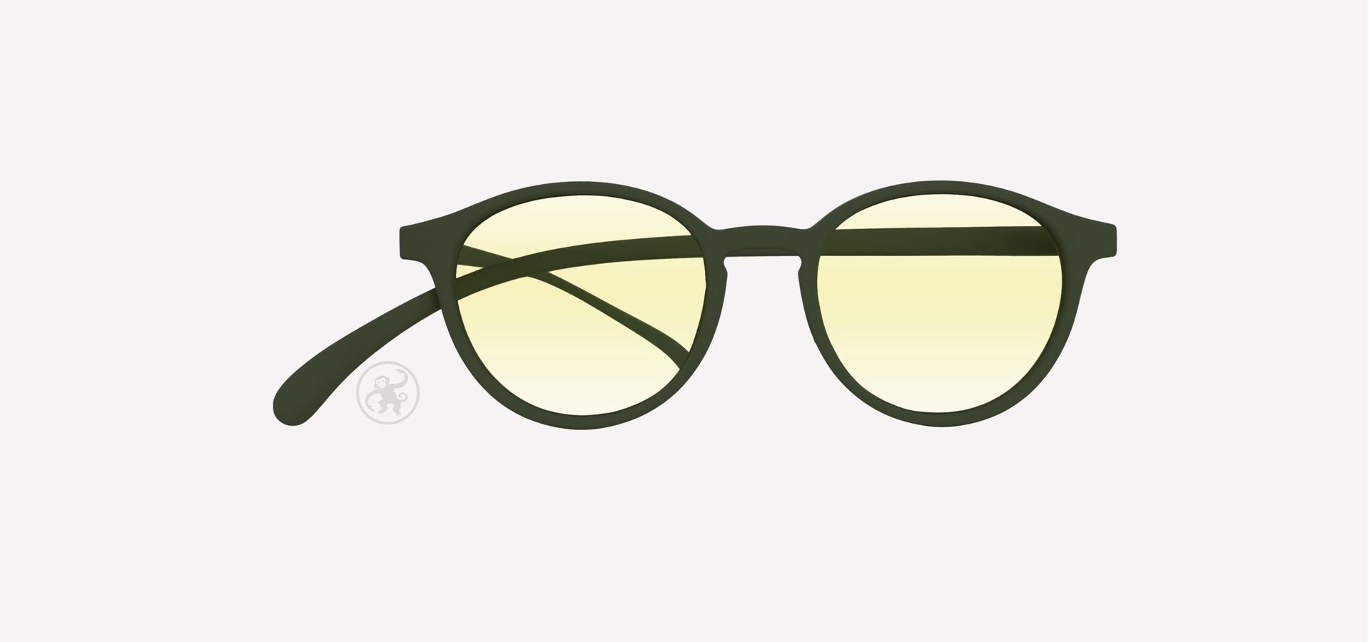 Olive farbene panto Lesebrille mit Blaufilter von vorne auf hellem Hintergrund.