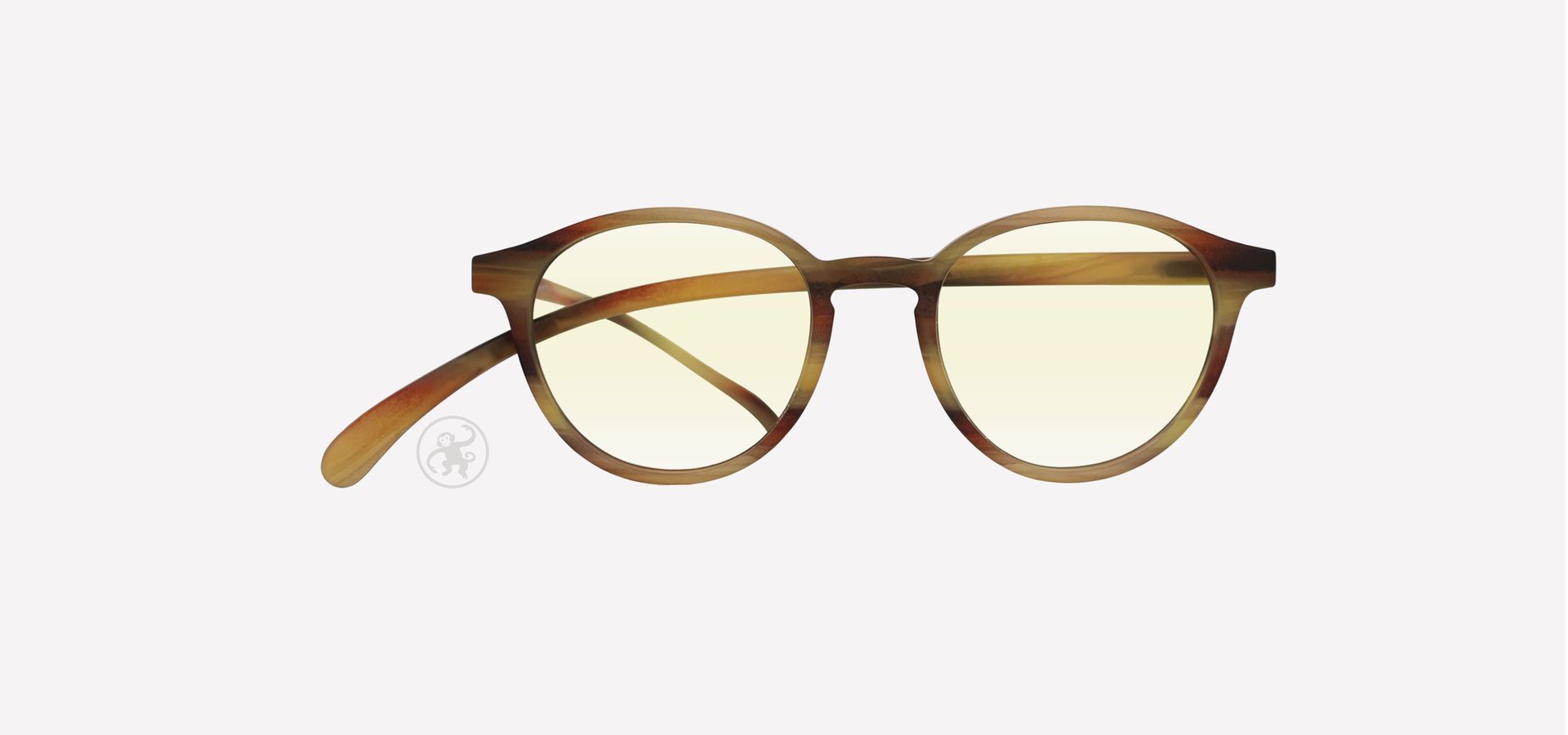 Horn gemusterte panto Lesebrille mit Blaufilter von vorne auf hellem Hintergrund.