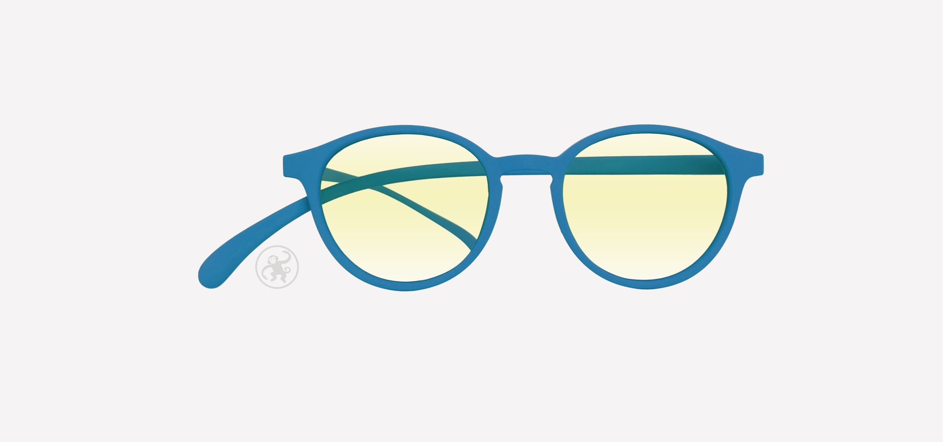 Aqua farbene panto Lesebrille mit Blaufilter von vorne auf hellem Hintergrund.