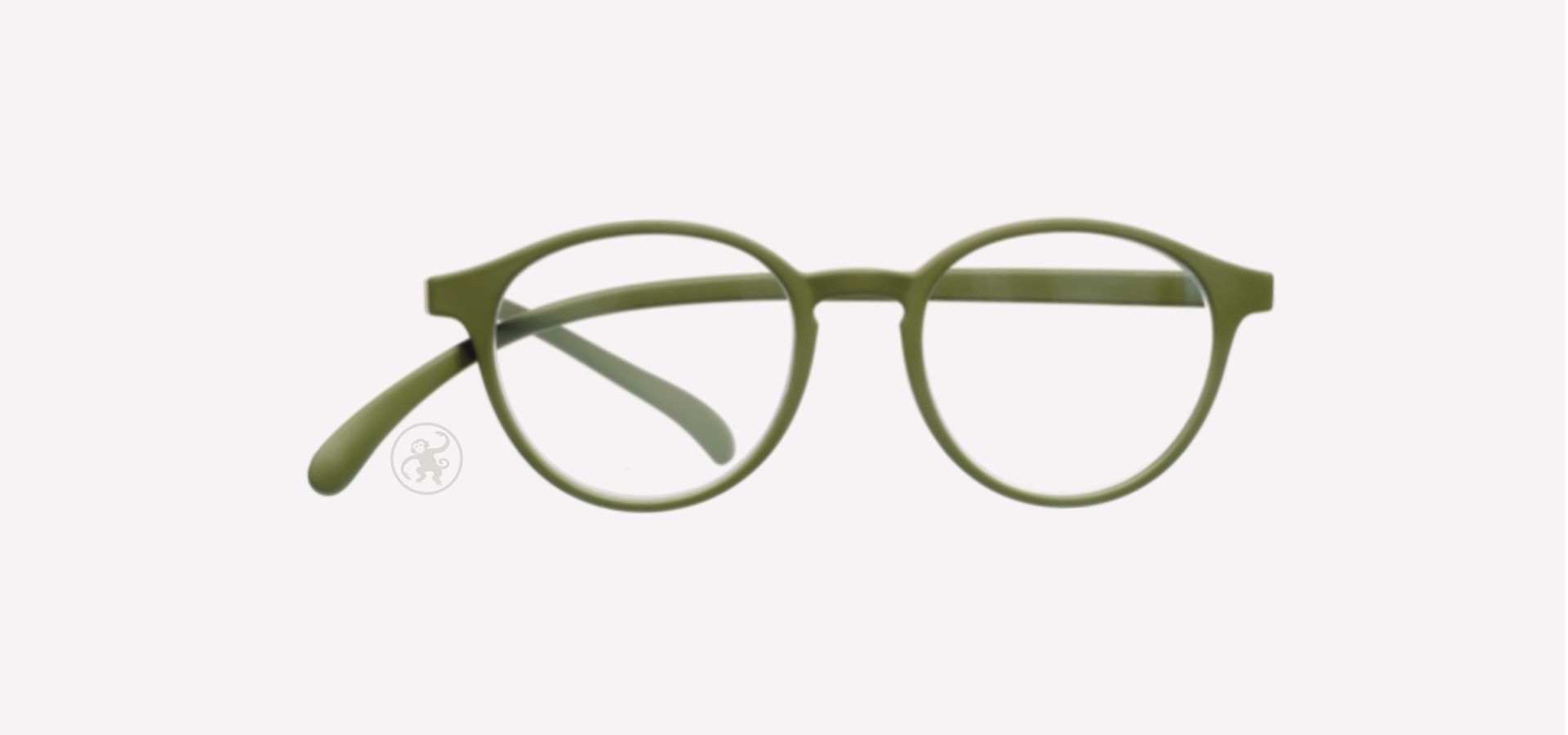 Olive farbene panto Lesebrille von vorne auf hellem Hintergrund.
