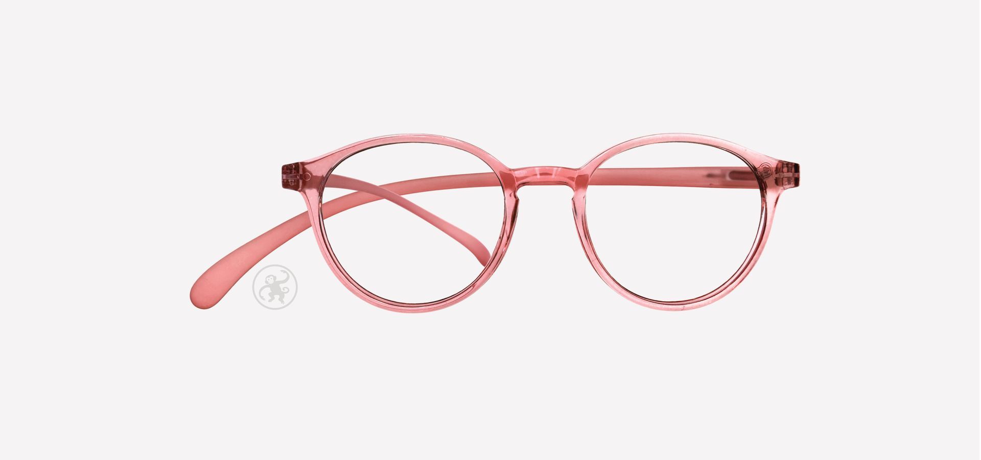 Pfirsich farbene panto Lesebrille von vorne auf hellem Hintergrund.