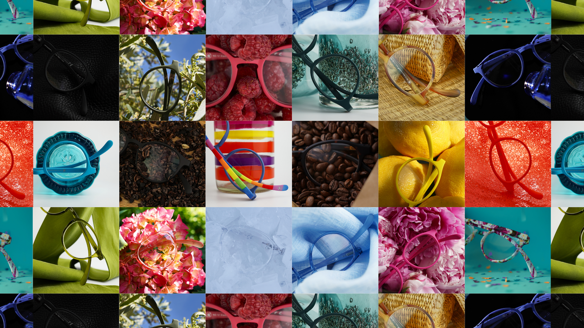 Farbenfrohe Collage von allen Farben des Klammeraffe Models No.12 vor dem jeweils farblich passenden Hintergrund.