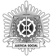 Un dibujo en blanco y negro de una balanza de la justicia con un engranaje y una corona de laurel.