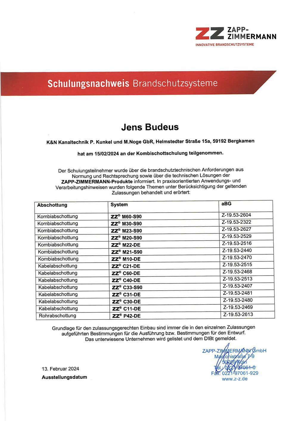 Jens Budeus Schulungsnachweis Brandschutz