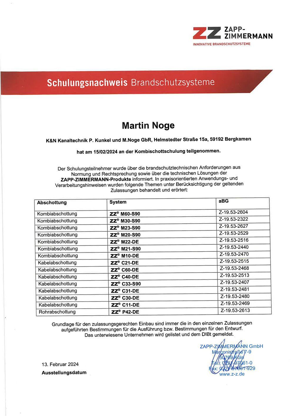 Martin Noge Schulungsnachweis Brandschutz