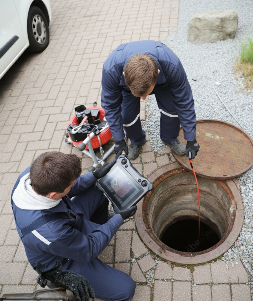 Fachkräfte von KN Kanaltechnik bei der Kanalinspektion mit Kamerasystem und Monitor an einem geöffneten Kanalschacht.