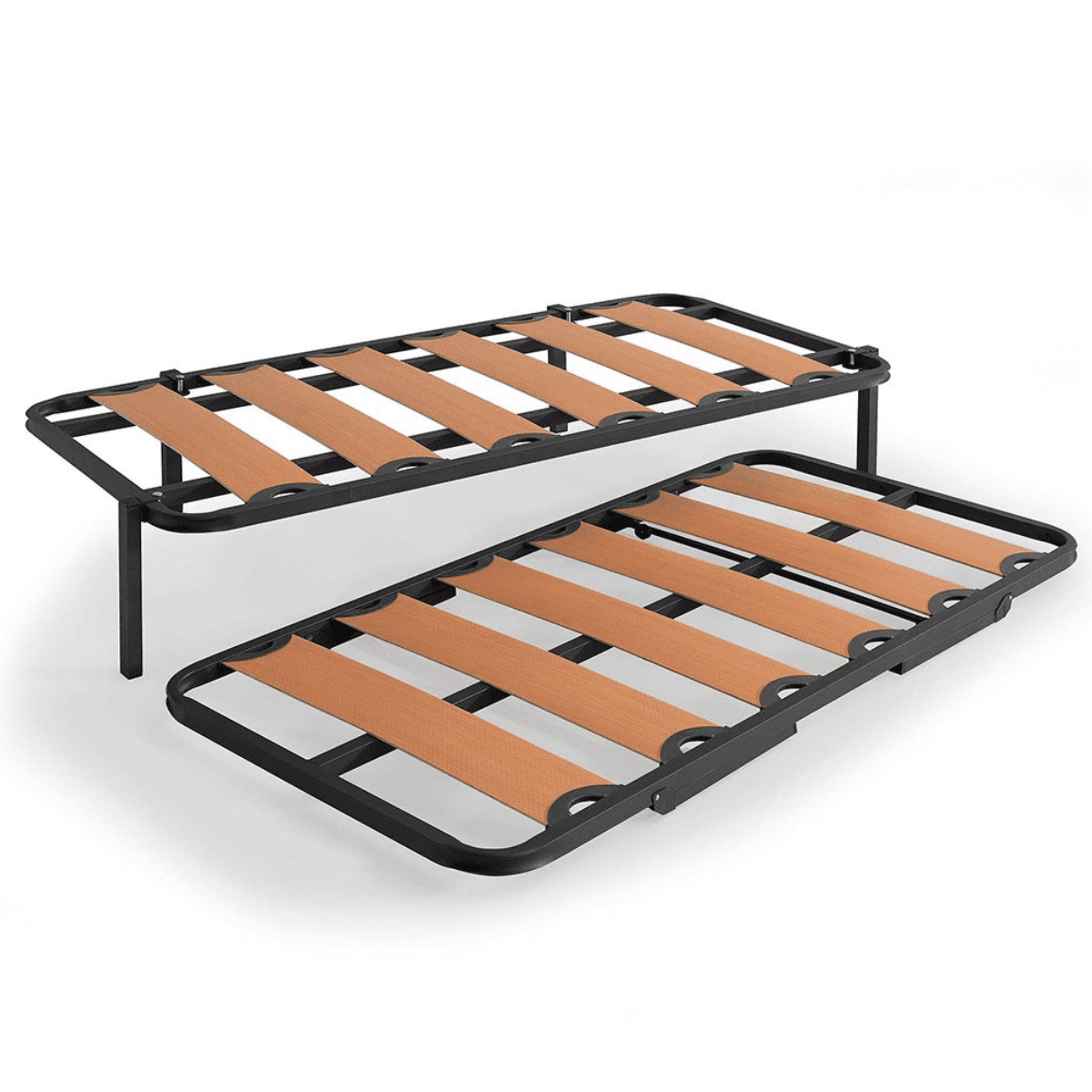 Un marco de cama con un colchón debajo sobre un fondo blanco.