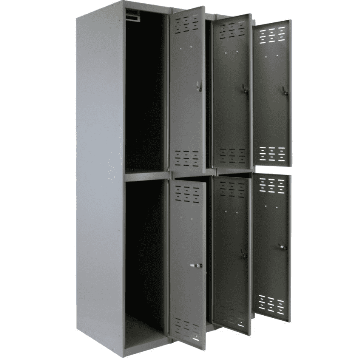 Una fila de taquillas con las puertas abiertas sobre un fondo blanco.