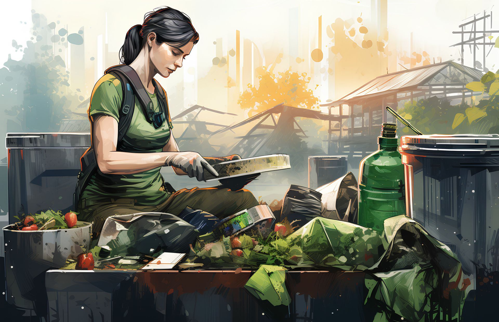 Una mujer está sentada en una mesa llena de verduras.