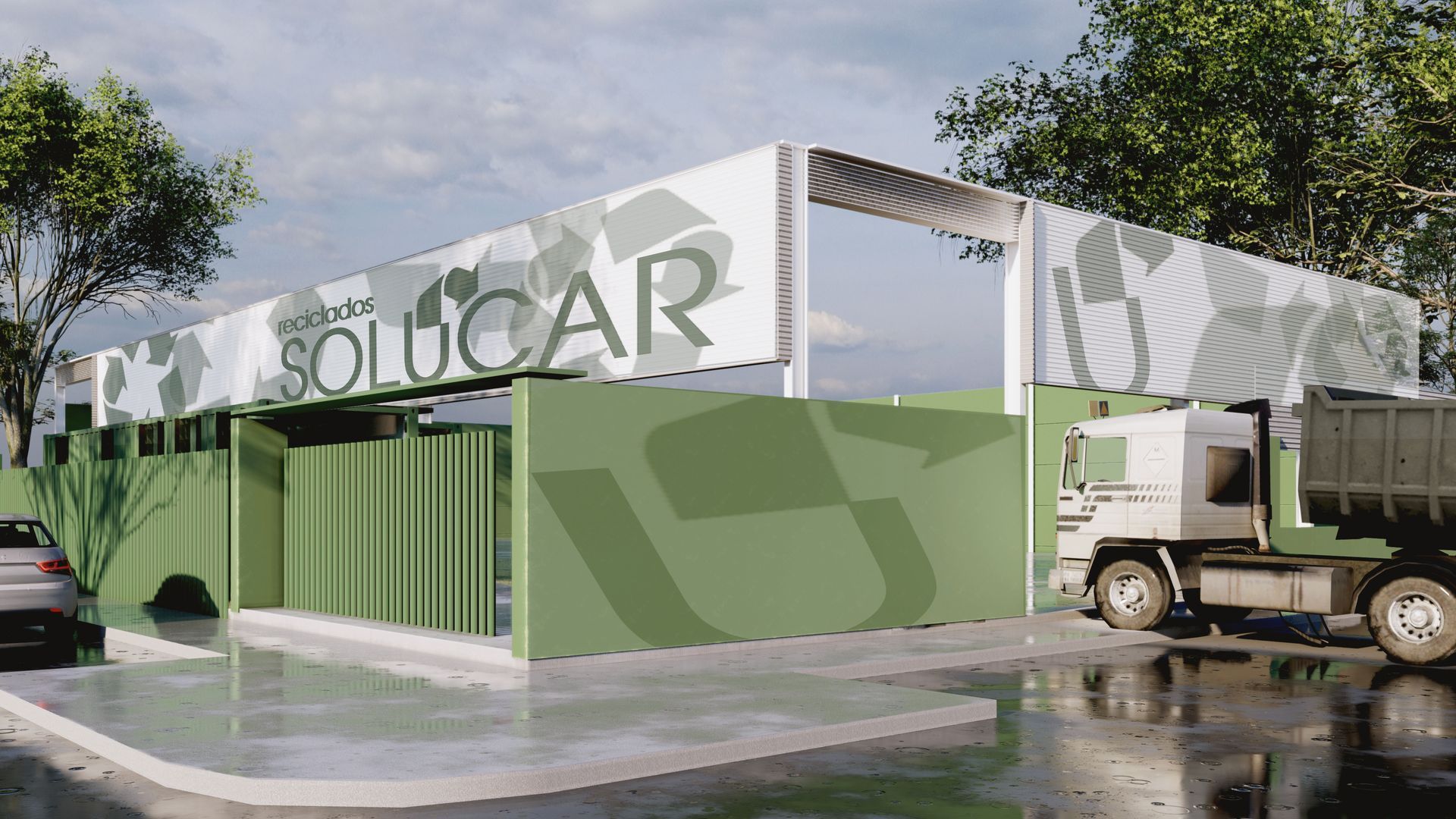 Un camión está estacionado frente a un edificio verde.