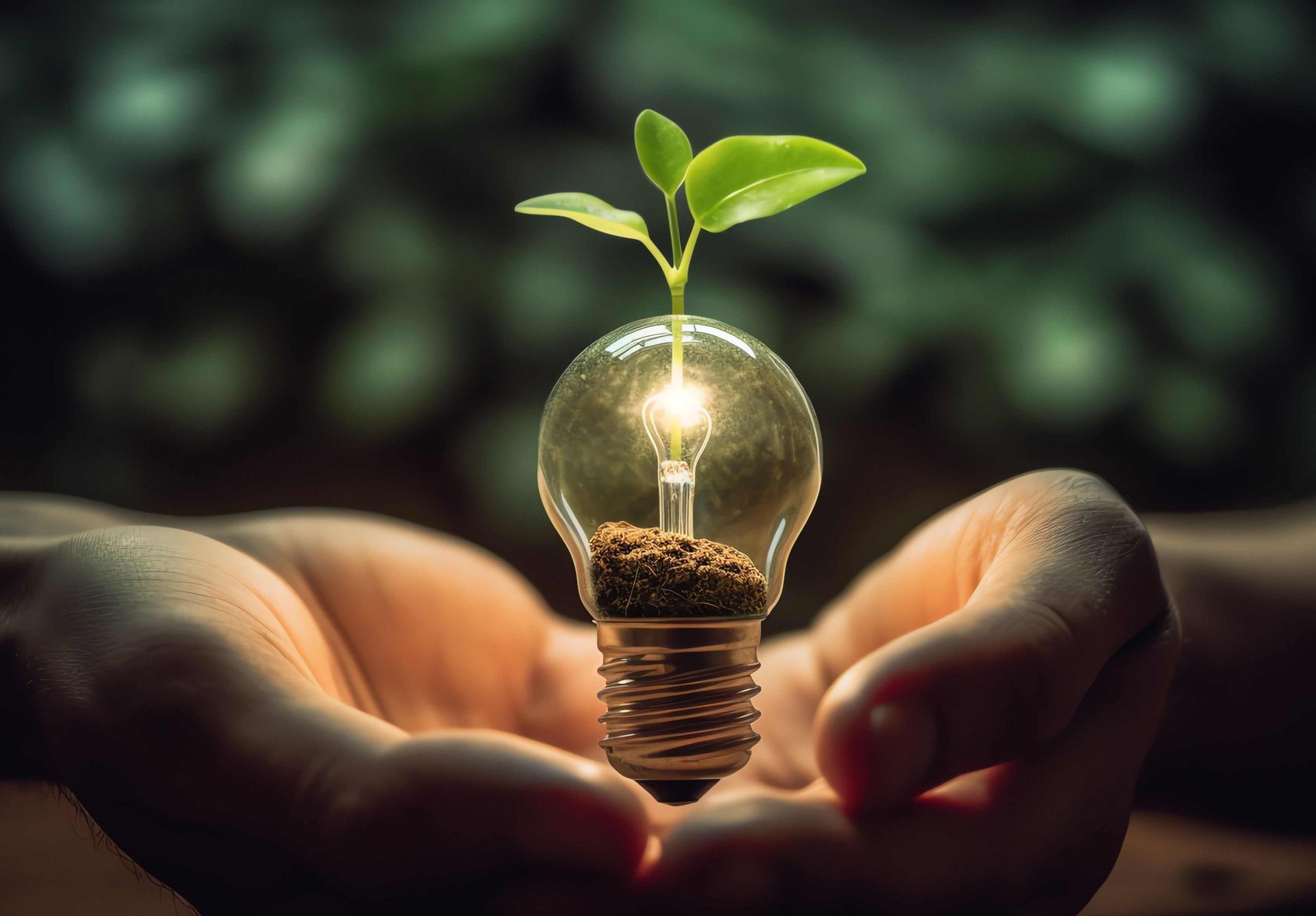 Una persona sostiene una bombilla con una planta creciendo en ella.